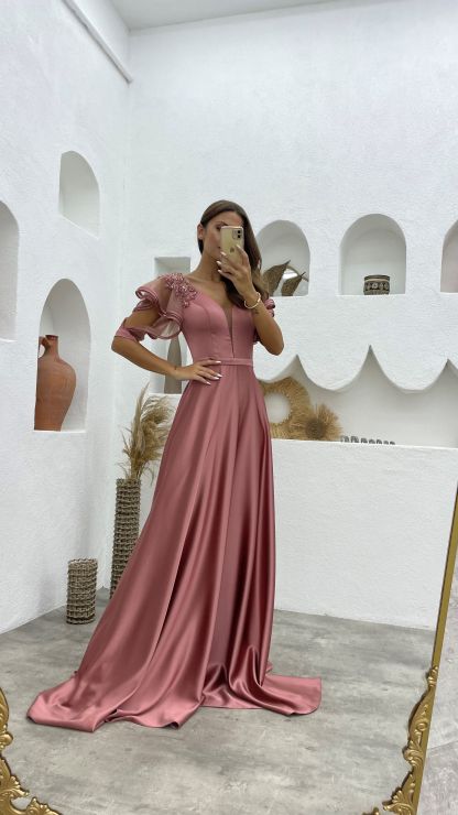 Salmon Sleeves Flounce Embroidered Detail Satin Evening Dress