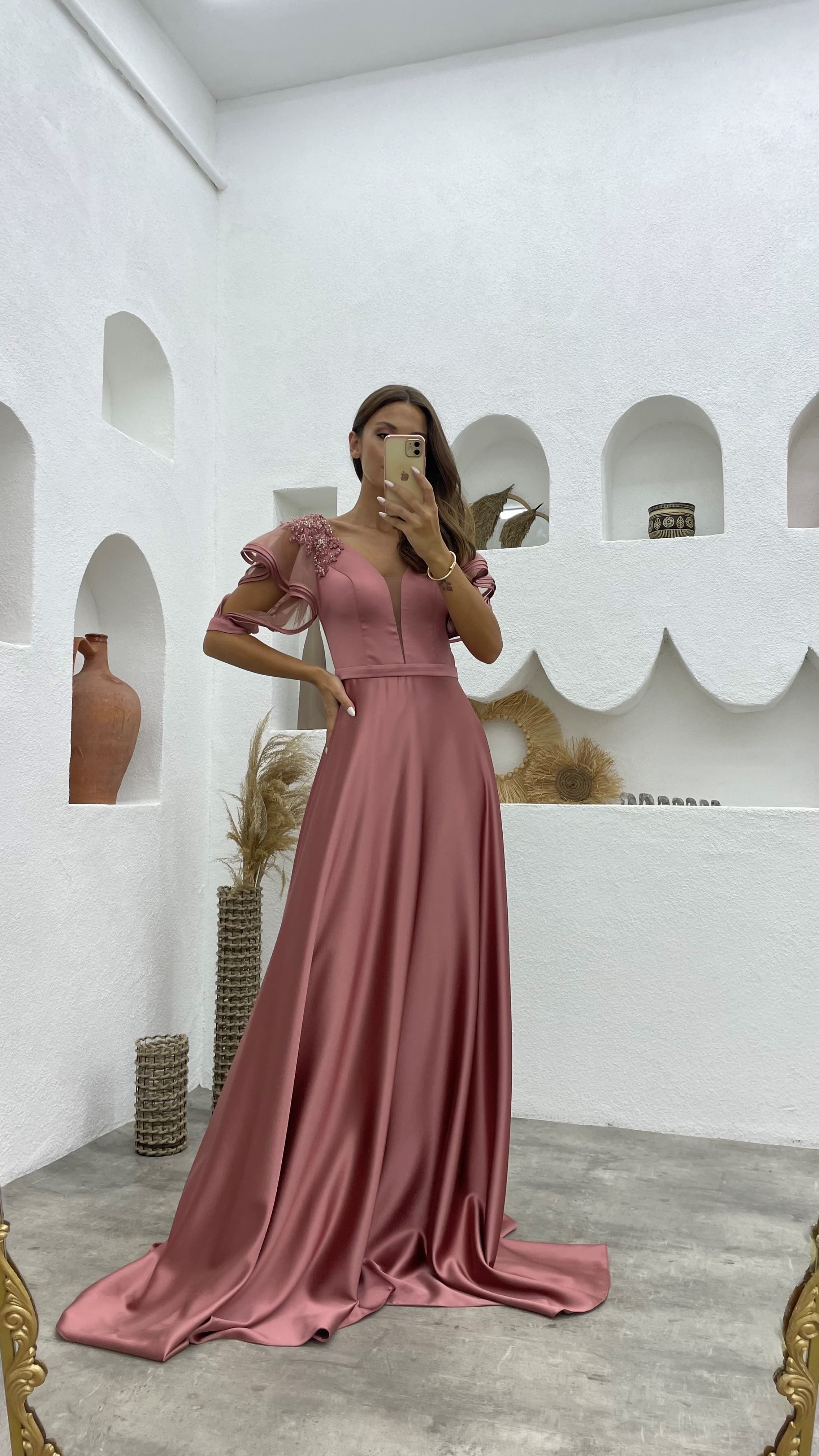 Salmon Sleeves Flounce Embroidered Detail Satin Evening Dress