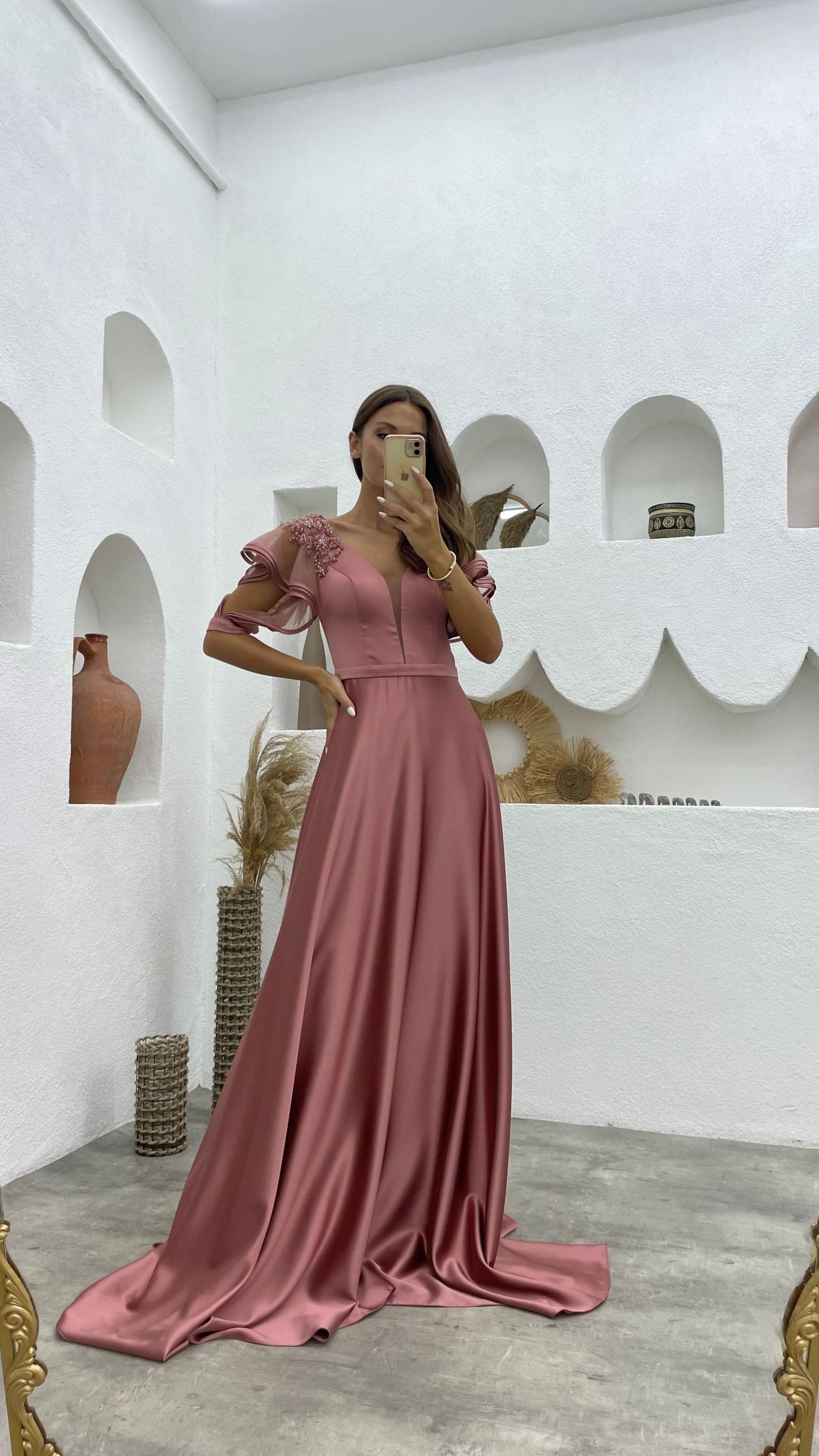 Salmon Sleeves Flounce Embroidered Detail Satin Evening Dress