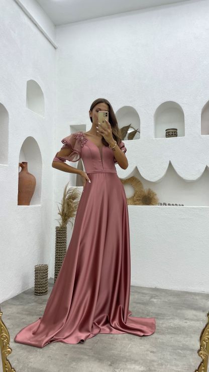 Salmon Sleeves Flounce Embroidered Detail Satin Evening Dress