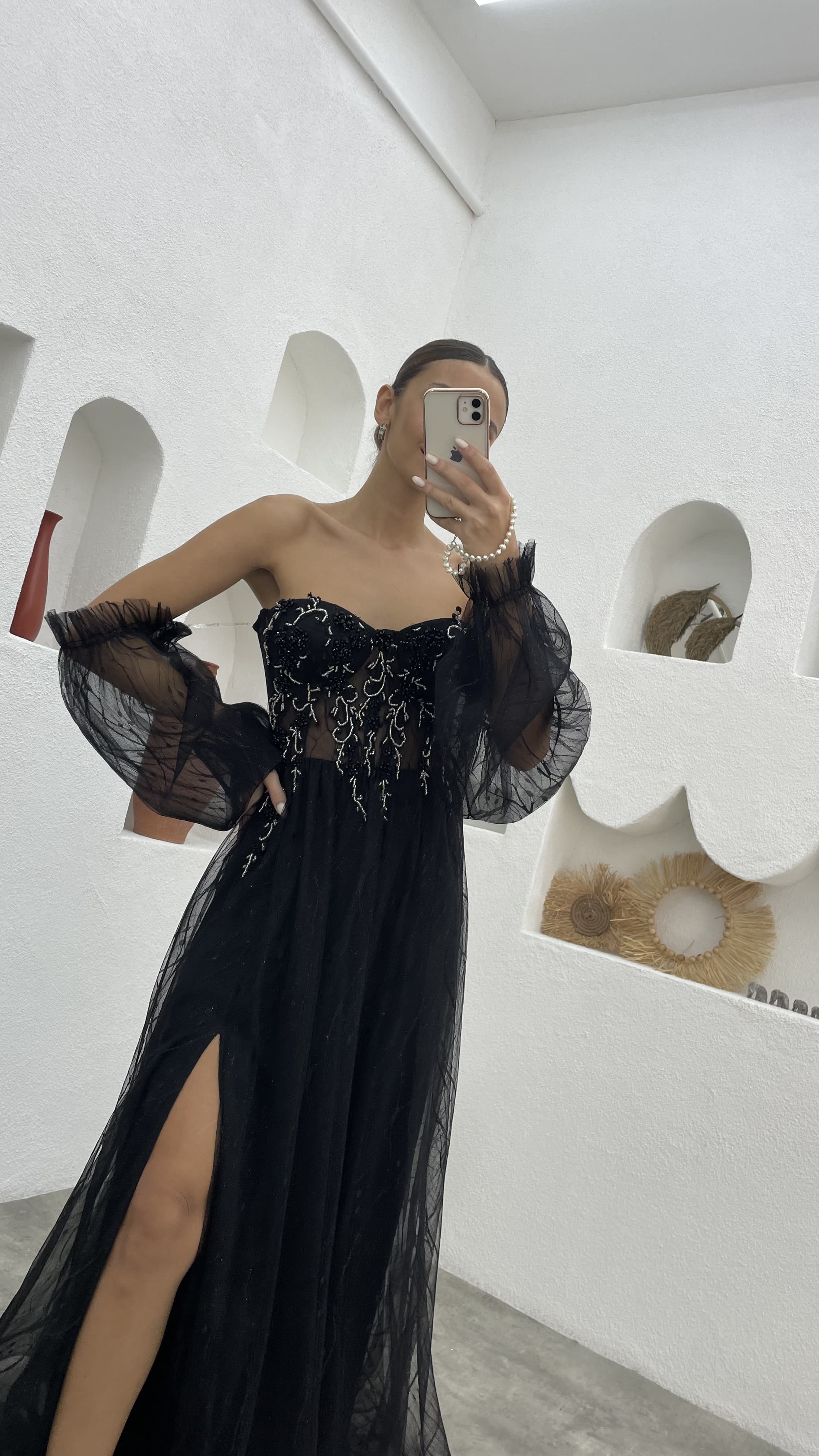 EMBROIDERY DETAIL TULLE EVENING DRESS