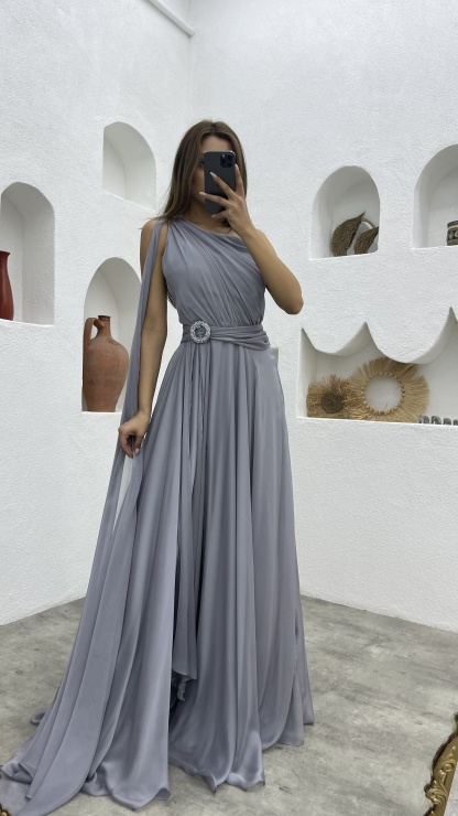 ONE SHOULDER BELT DETAIL DESIGN CHIFFON DRESS