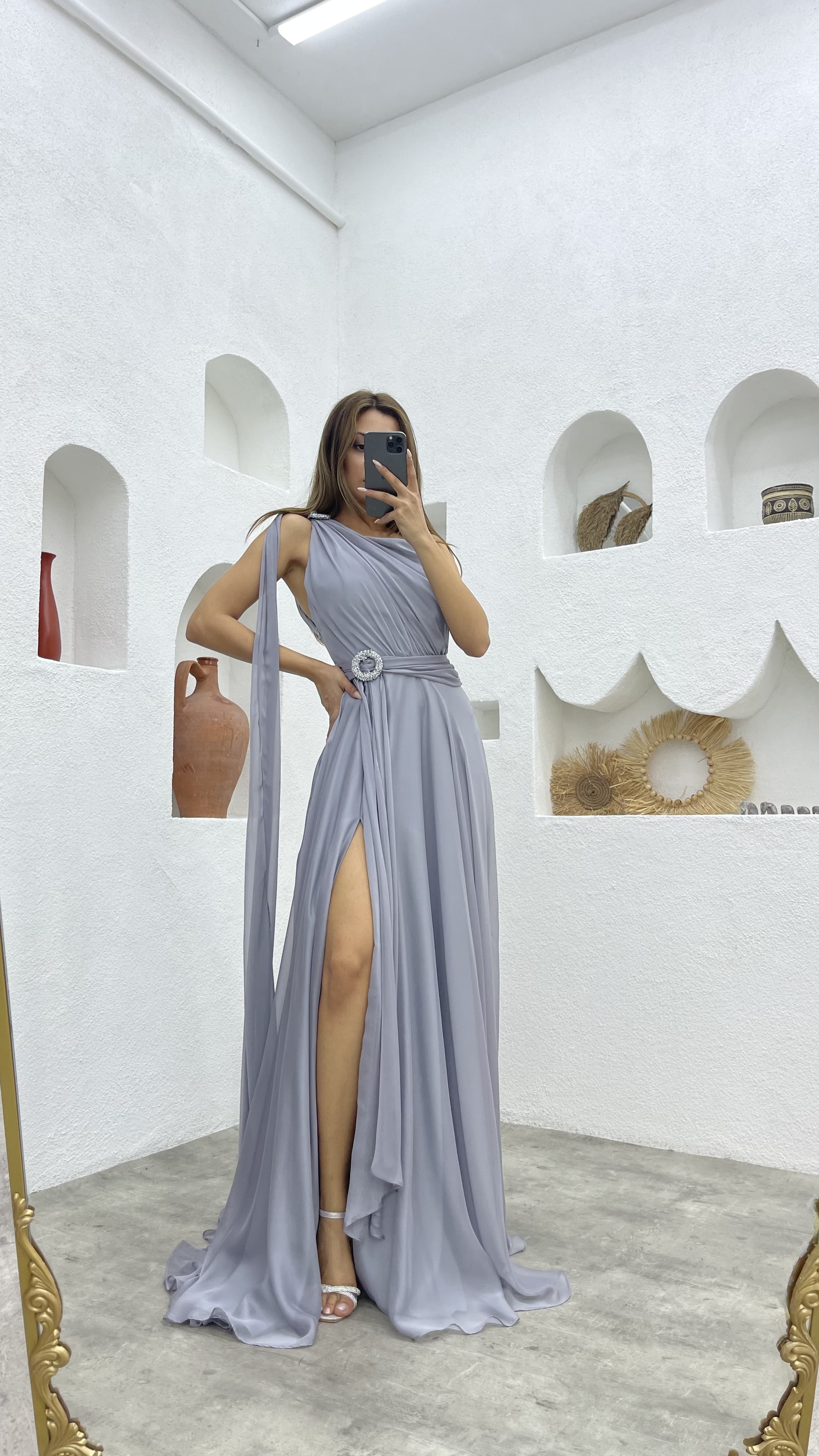 ONE SHOULDER BELT DETAIL DESIGN CHIFFON DRESS