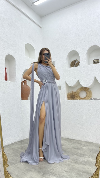 ONE SHOULDER BELT DETAIL DESIGN CHIFFON DRESS