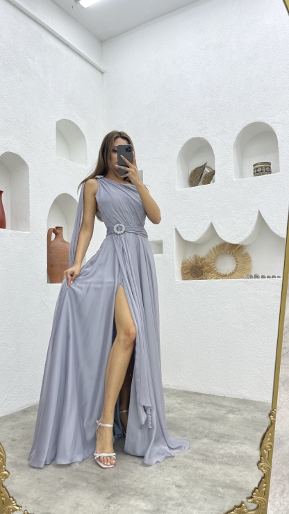 ONE SHOULDER BELT DETAIL DESIGN CHIFFON DRESS