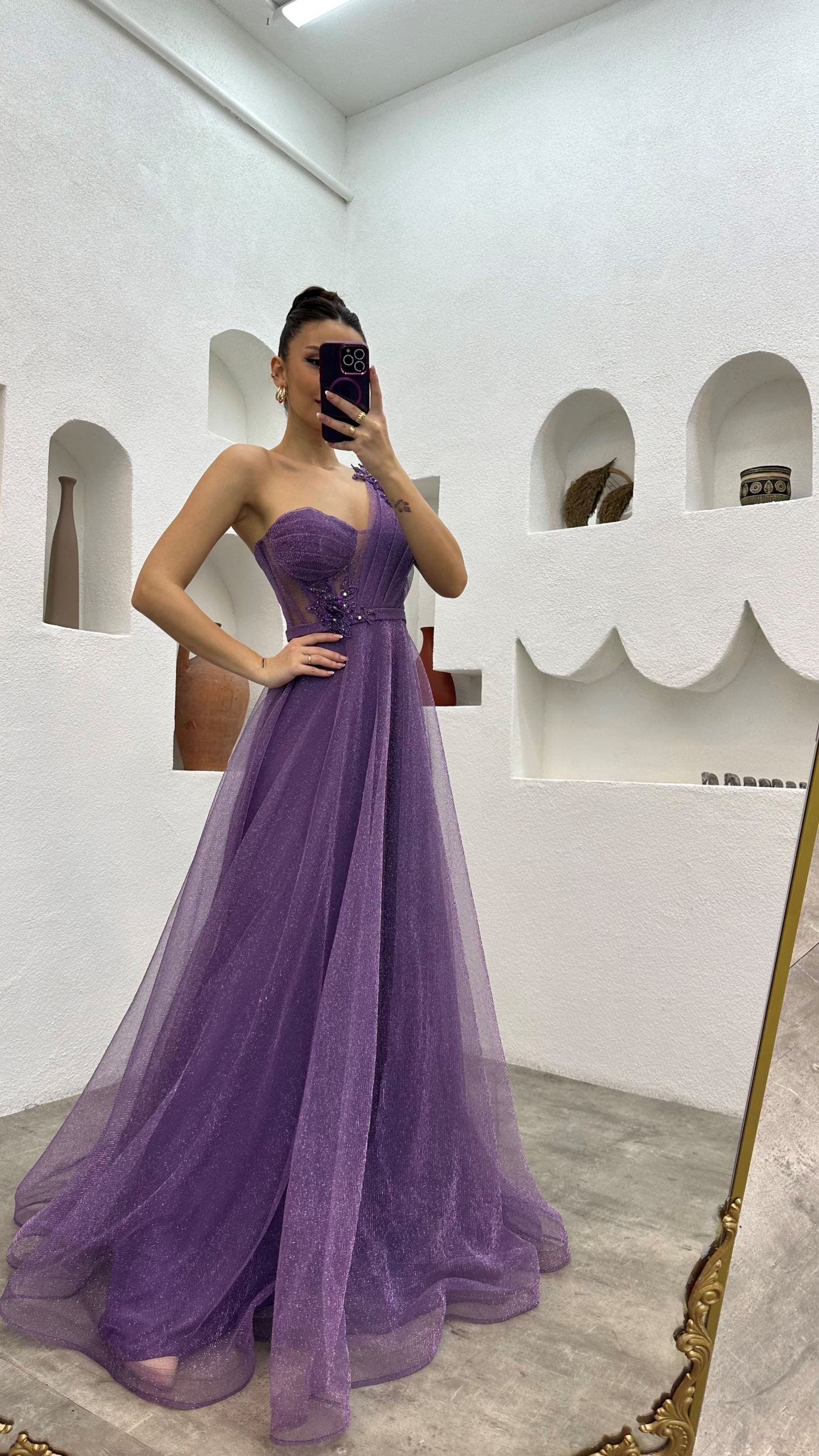 ONE SHOULDER EMBROIDERY DETAIL GLITTERY TULLE EVENING DRESS