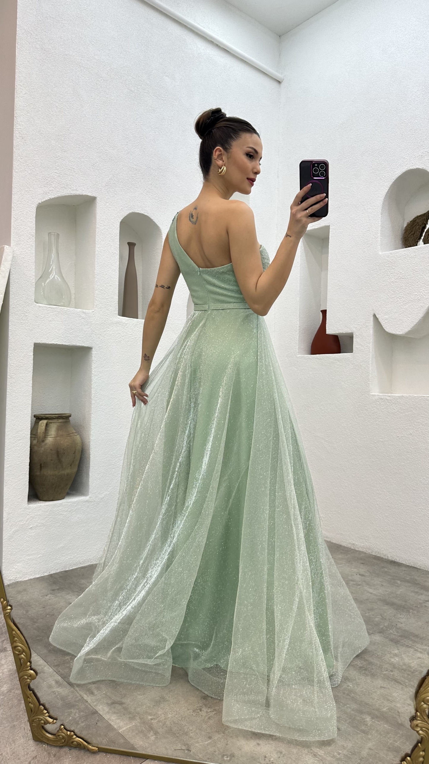 ONE SHOULDER EMBROIDERY DETAIL GLITTERY TULLE EVENING DRESS