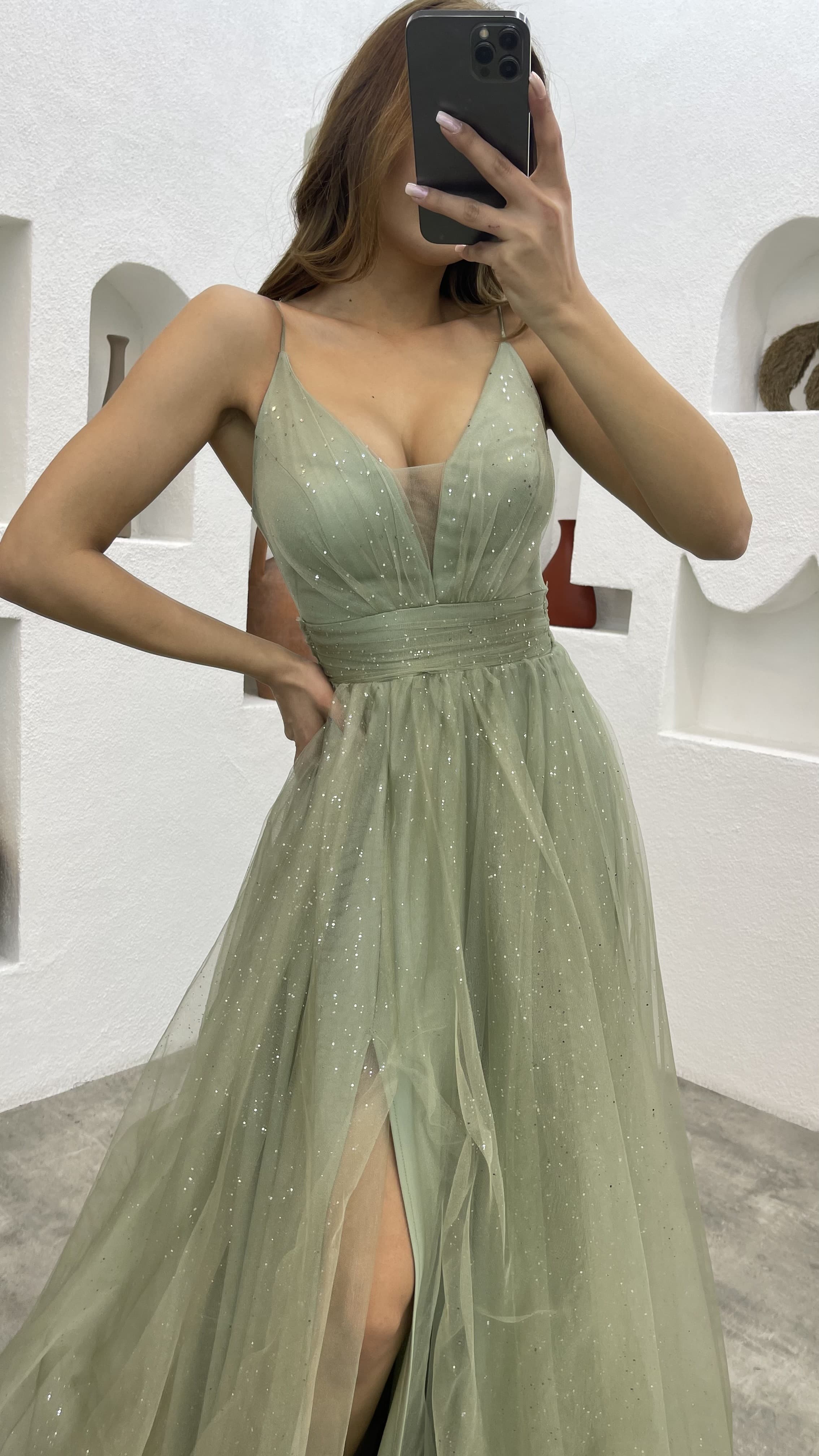 Rope Strap Draped Glittery Tulle Evening Dress