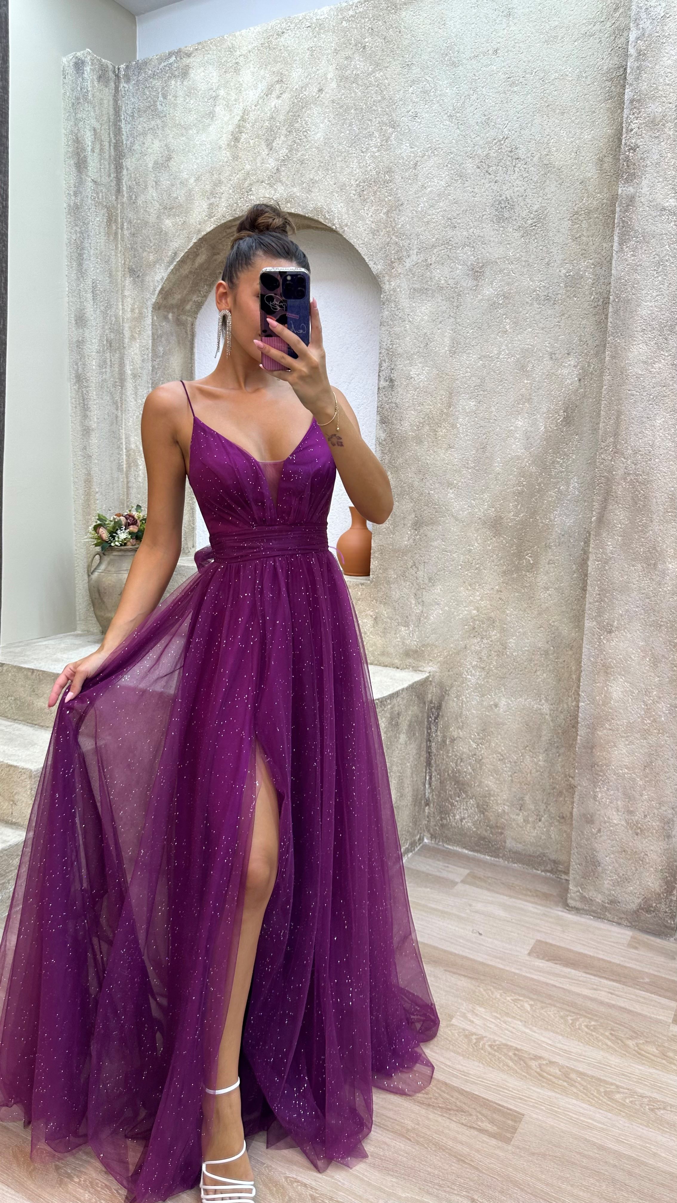 Rope Strap Draped Glittery Tulle Evening Dress