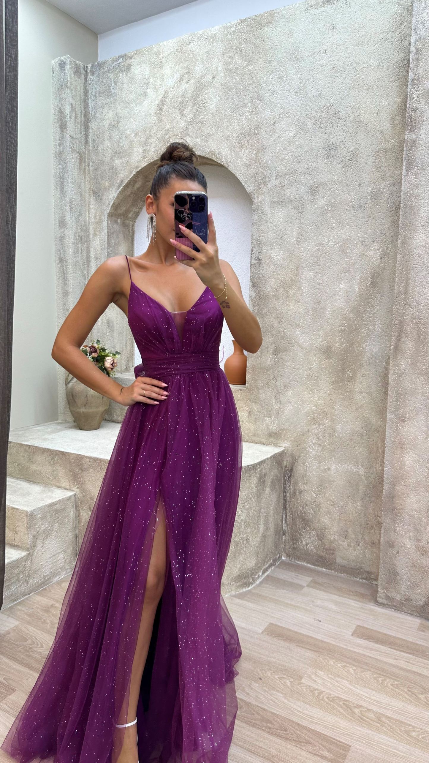 Rope Strap Draped Glittery Tulle Evening Dress