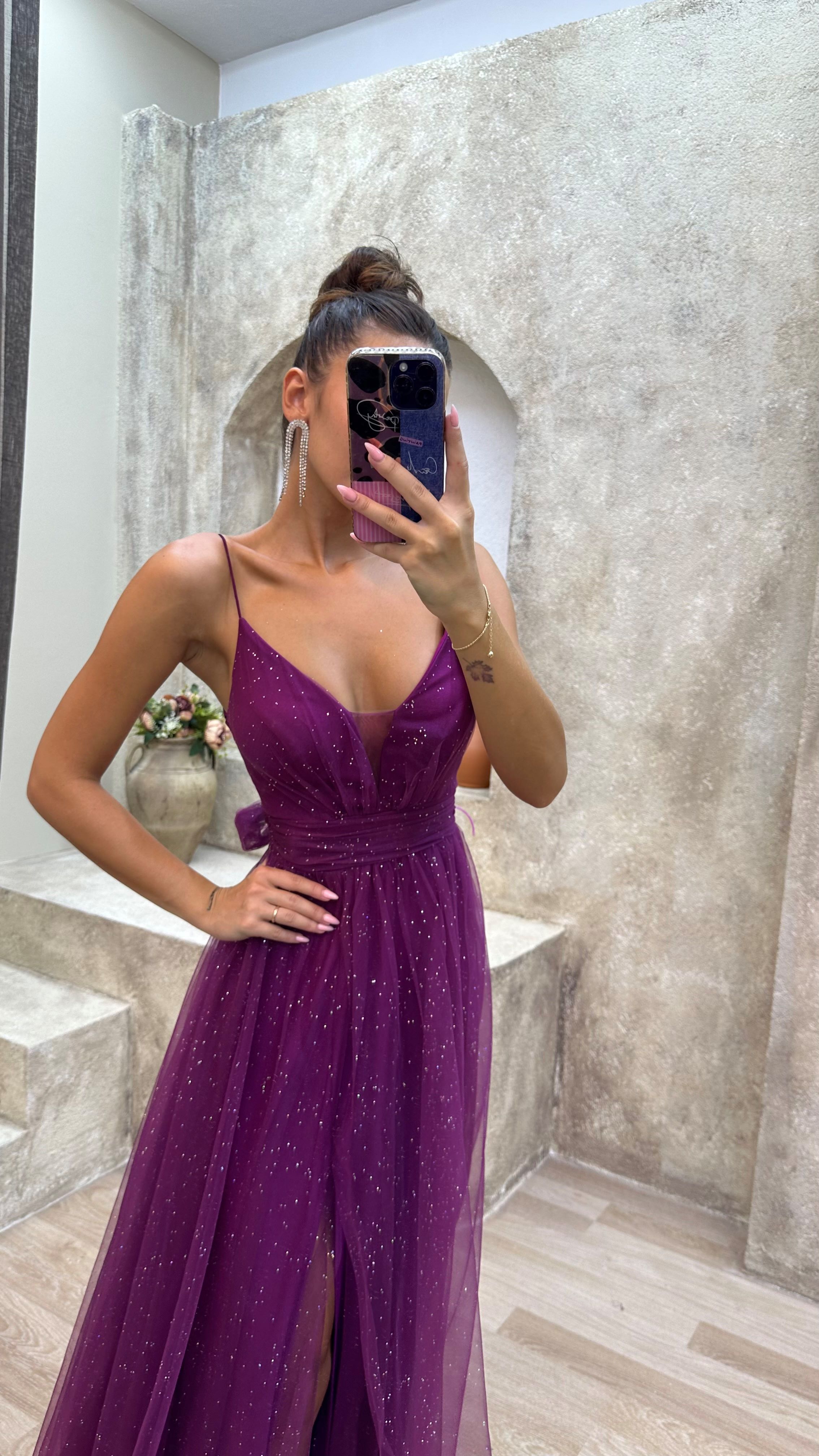 Rope Strap Draped Glittery Tulle Evening Dress