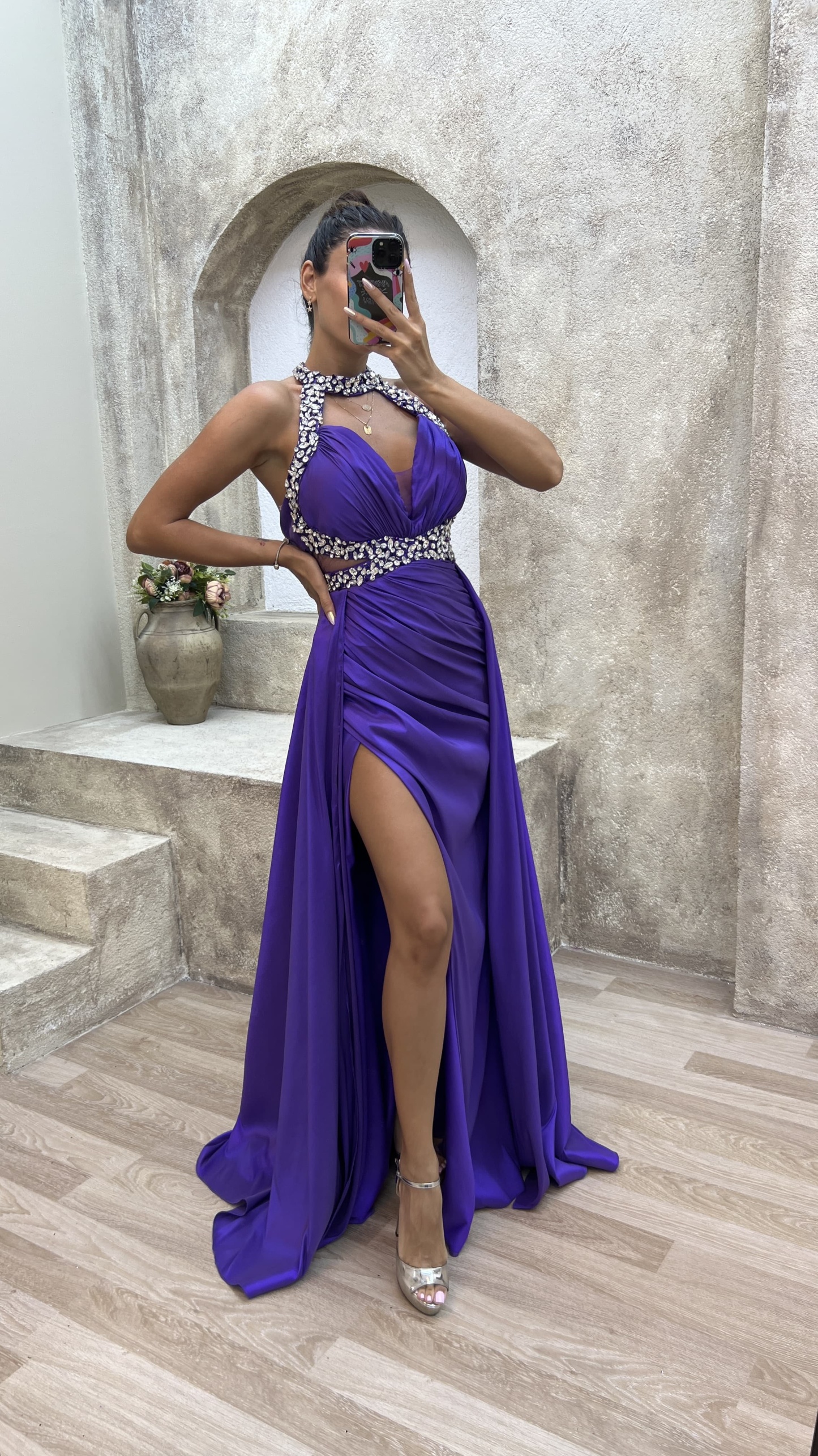 NECK AND WAIST DETAIL STONE EMBROIDERED SATIN EVENING DRESS