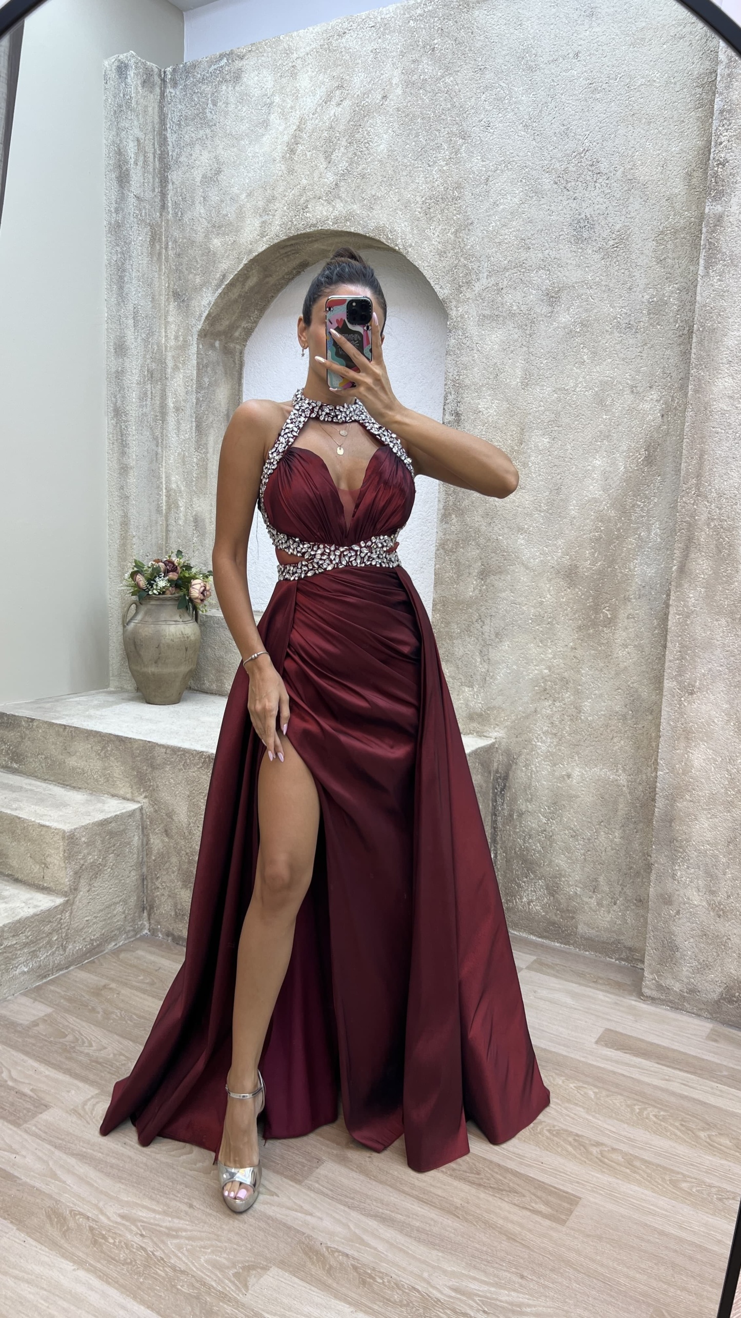 NECK AND WAIST DETAIL STONE EMBROIDERED SATIN EVENING DRESS