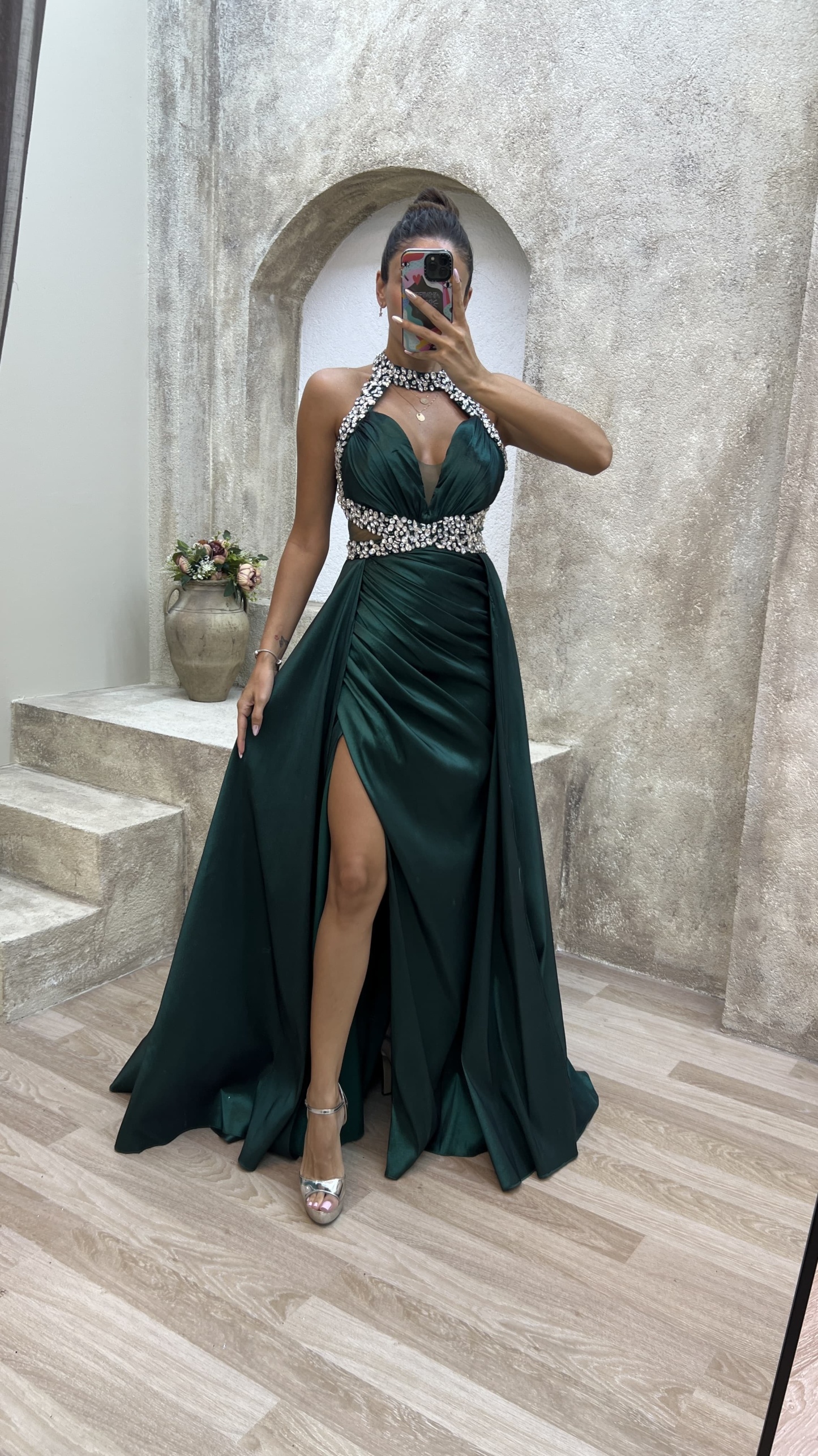 NECK AND WAIST DETAIL STONE EMBROIDERED SATIN EVENING DRESS
