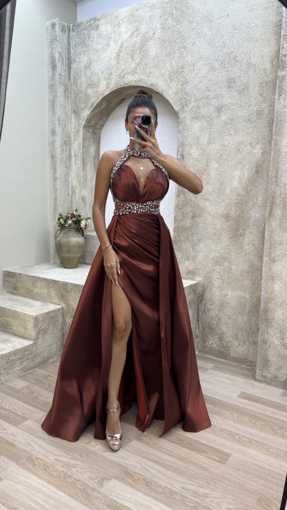 NECK AND WAIST DETAIL STONE EMBROIDERED SATIN EVENING DRESS