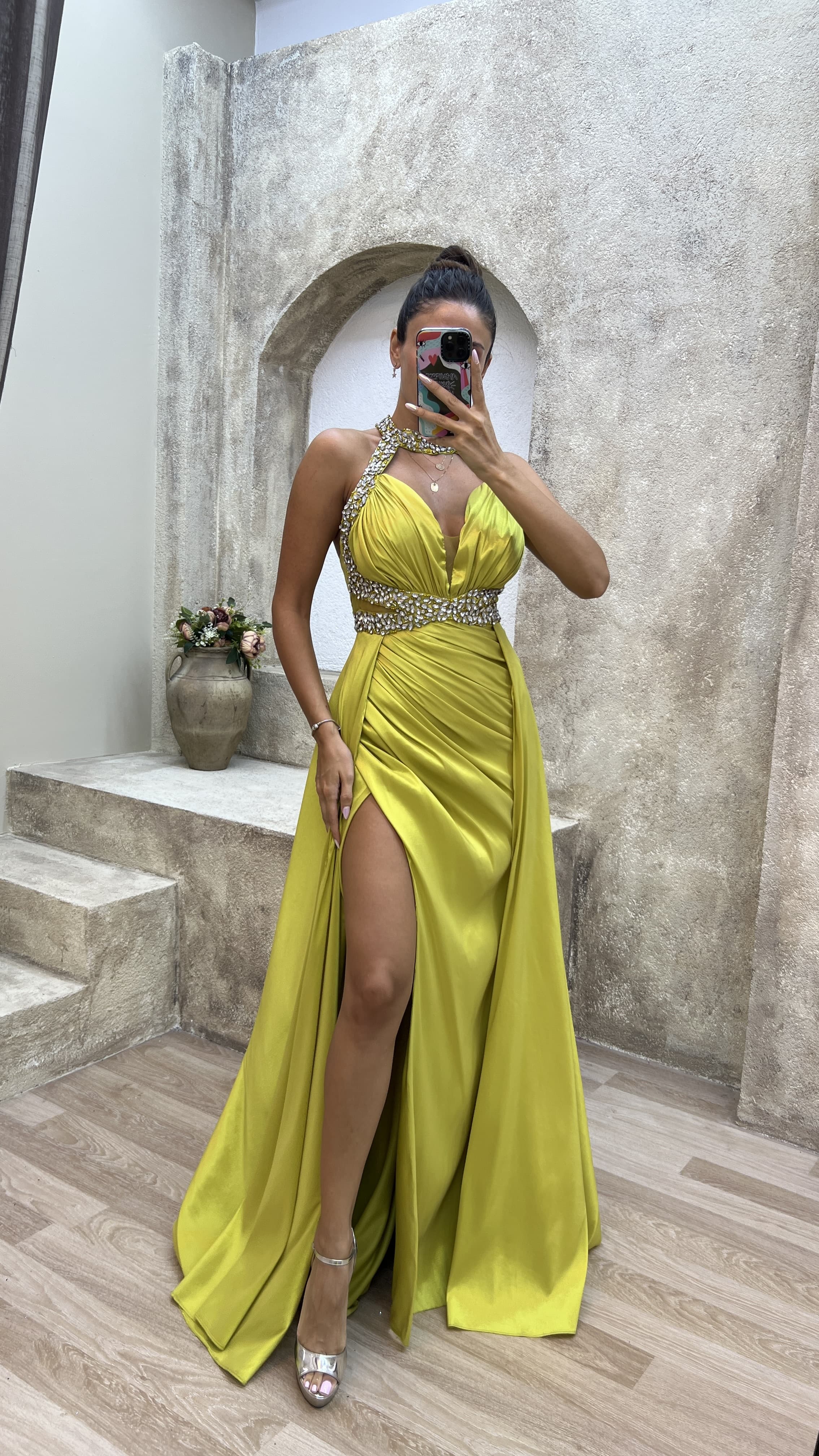 NECK AND WAIST DETAIL STONE EMBROIDERED SATIN EVENING DRESS