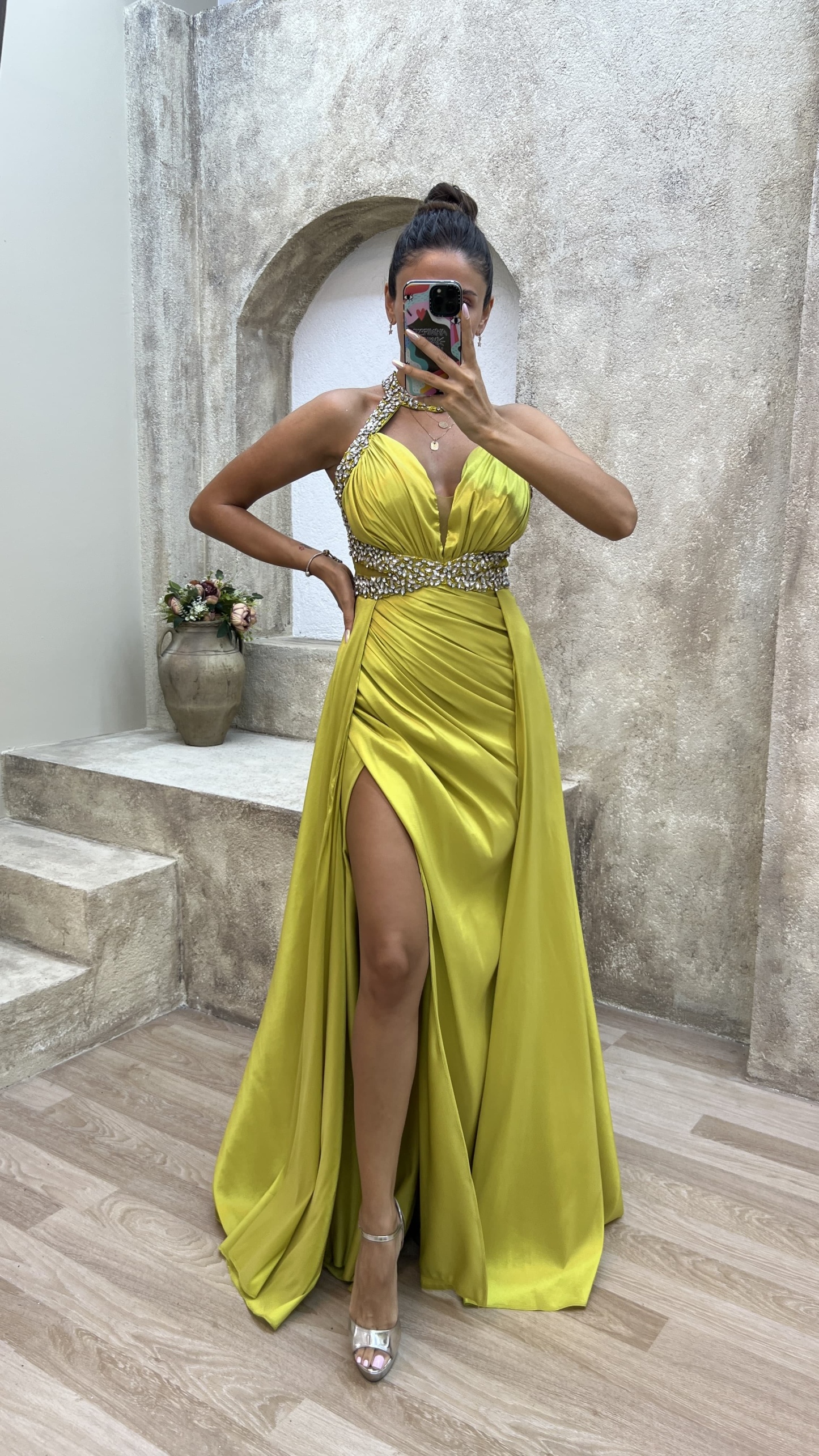 NECK AND WAIST DETAIL STONE EMBROIDERED SATIN EVENING DRESS