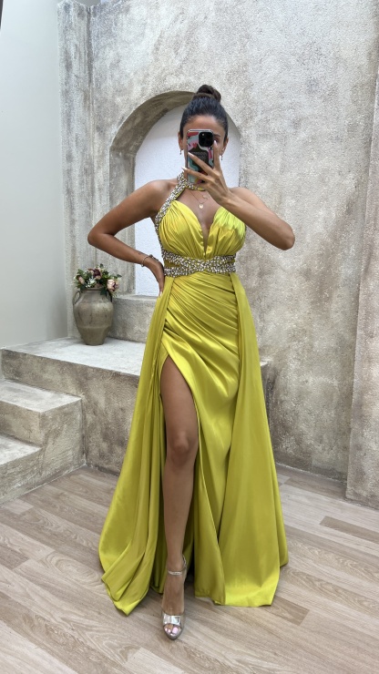 NECK AND WAIST DETAIL STONE EMBROIDERED SATIN EVENING DRESS