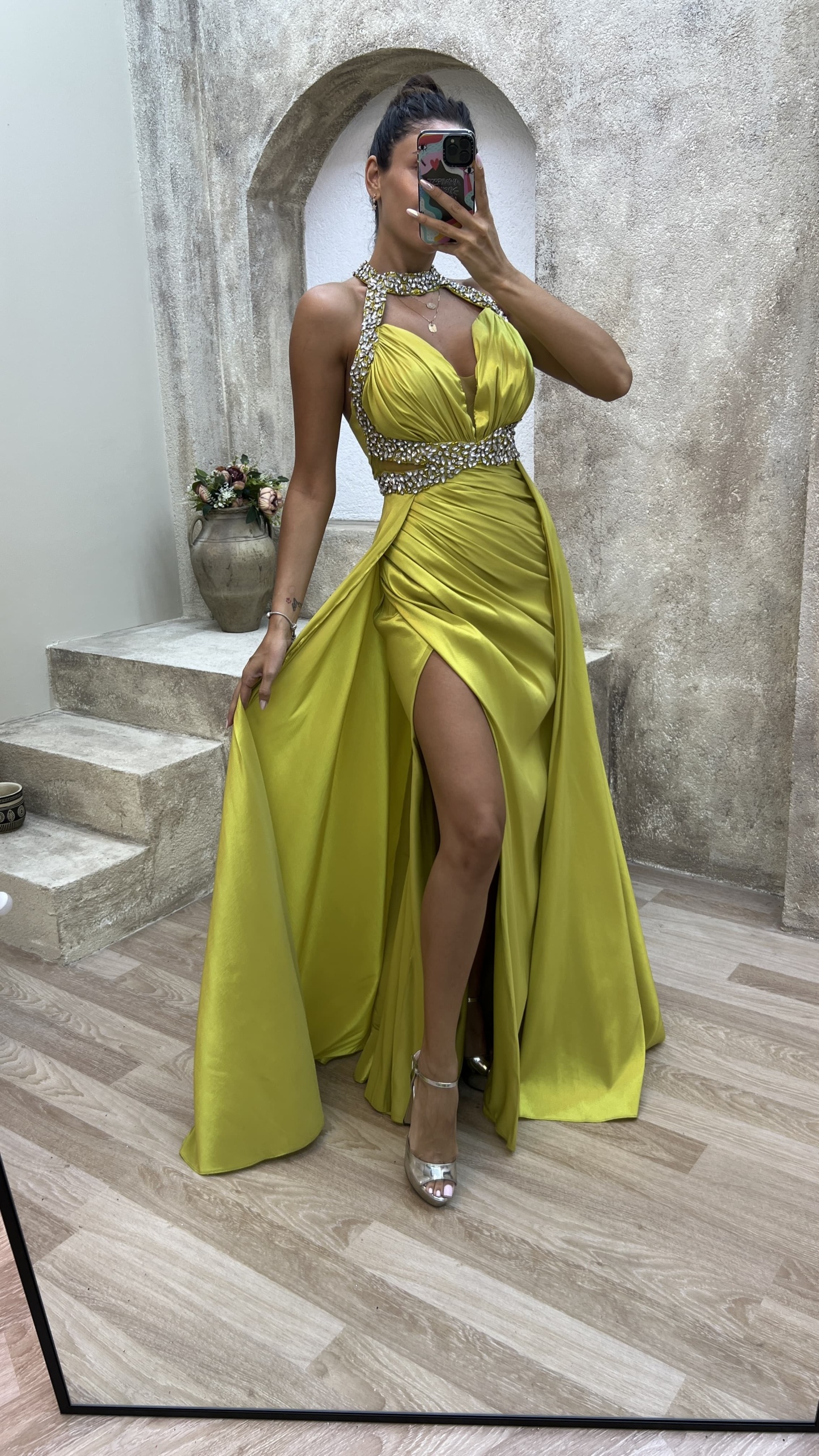 NECK AND WAIST DETAIL STONE EMBROIDERED SATIN EVENING DRESS