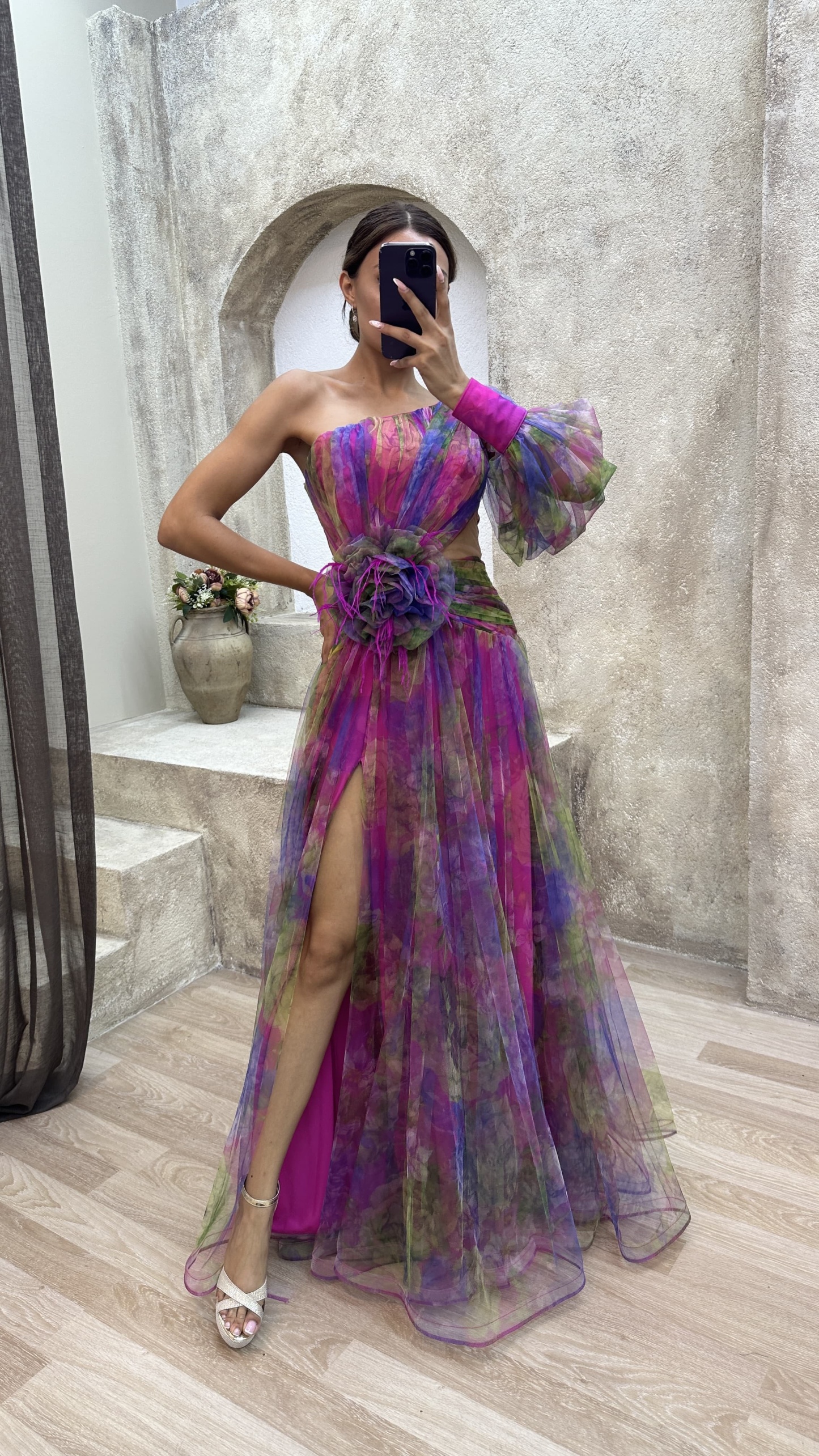 Floral one-shoulder flowy long-sleeved dress