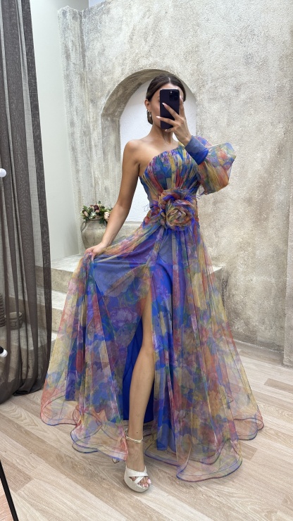Floral one-shoulder flowy long-sleeved dress
