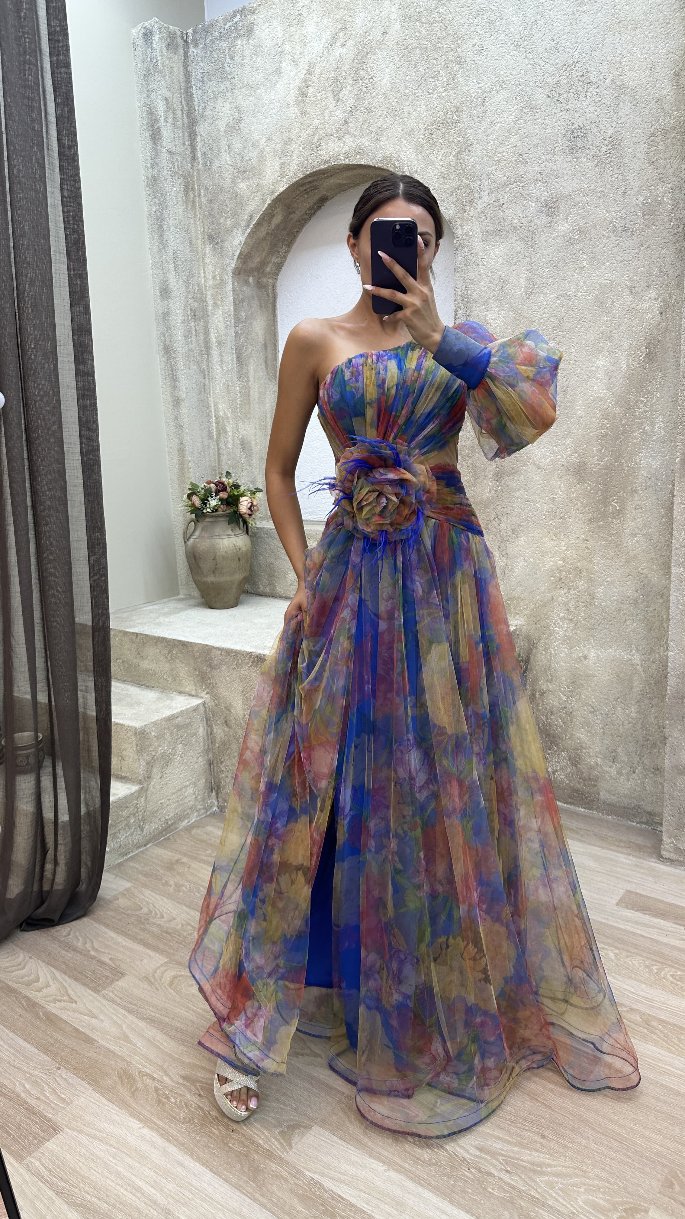 Floral one-shoulder flowy long-sleeved dress