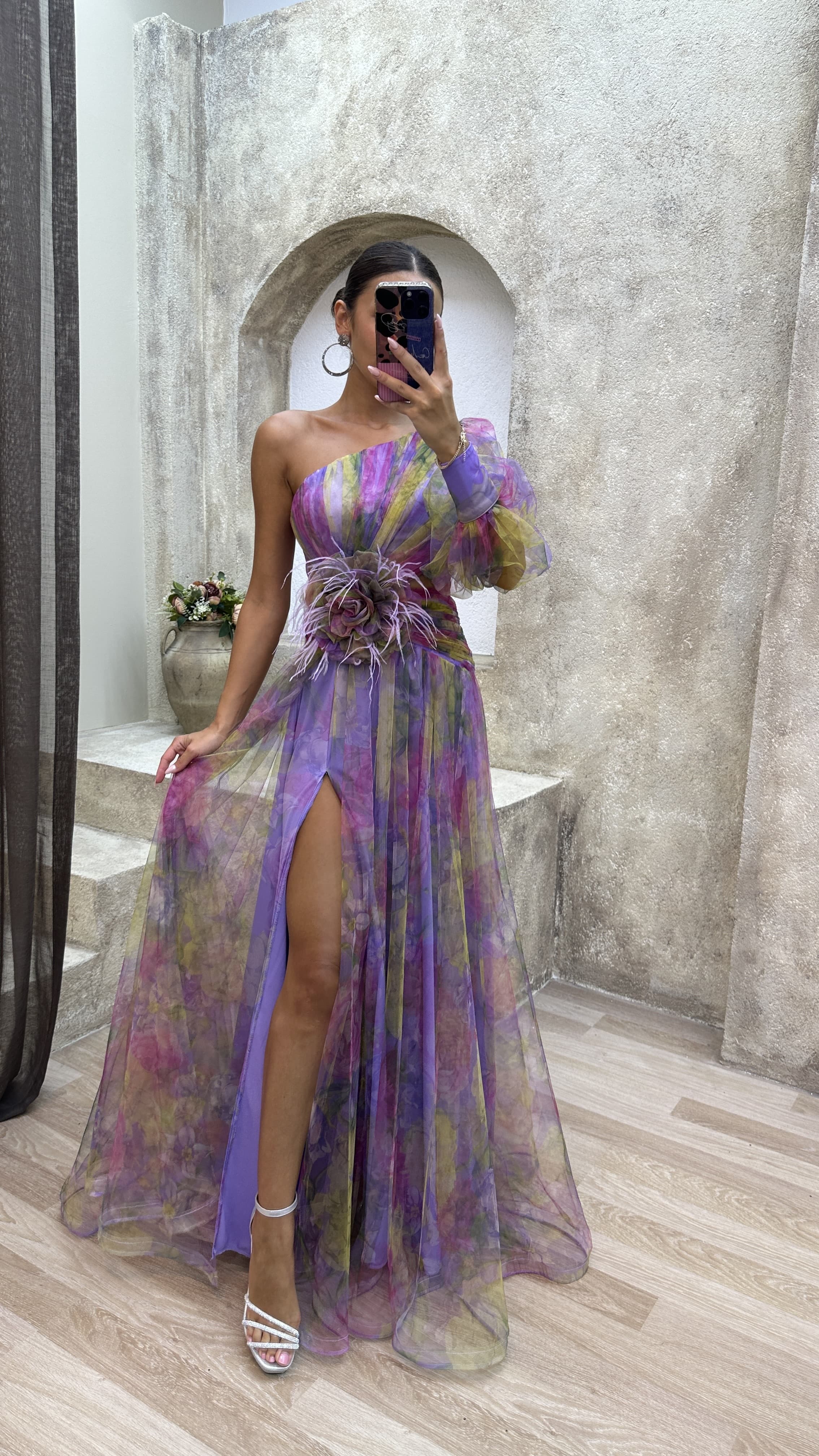 Floral one-shoulder flowy long-sleeved dress