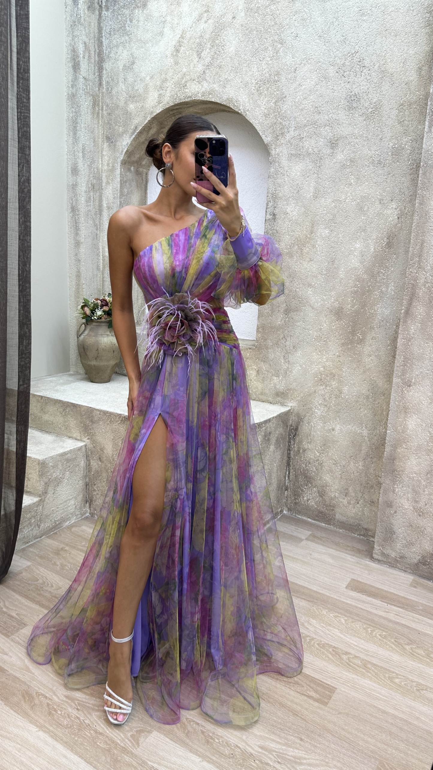 Floral one-shoulder flowy long-sleeved dress