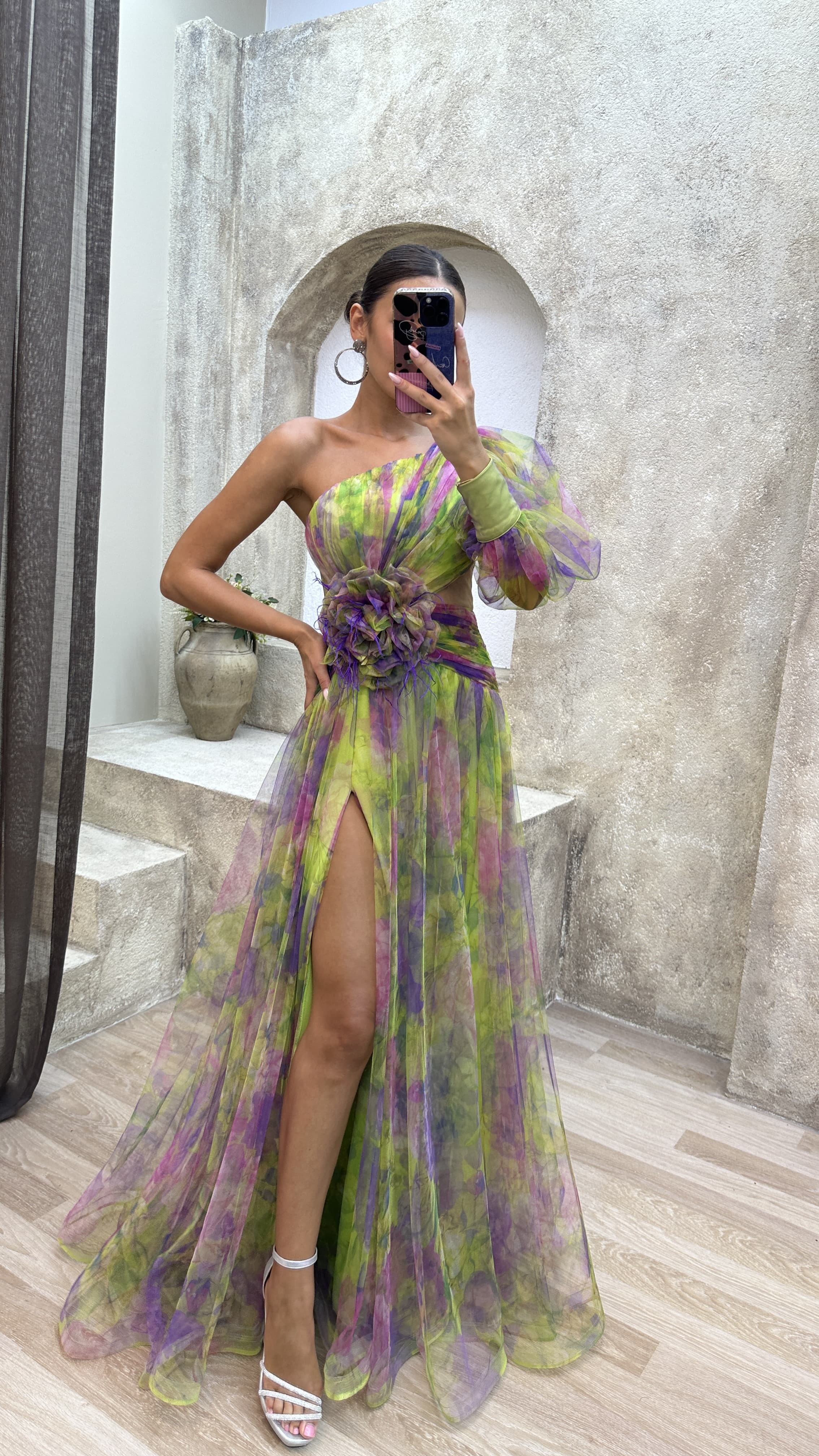 Floral one-shoulder flowy long-sleeved dress