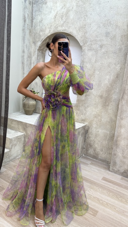 Floral one-shoulder flowy long-sleeved dress