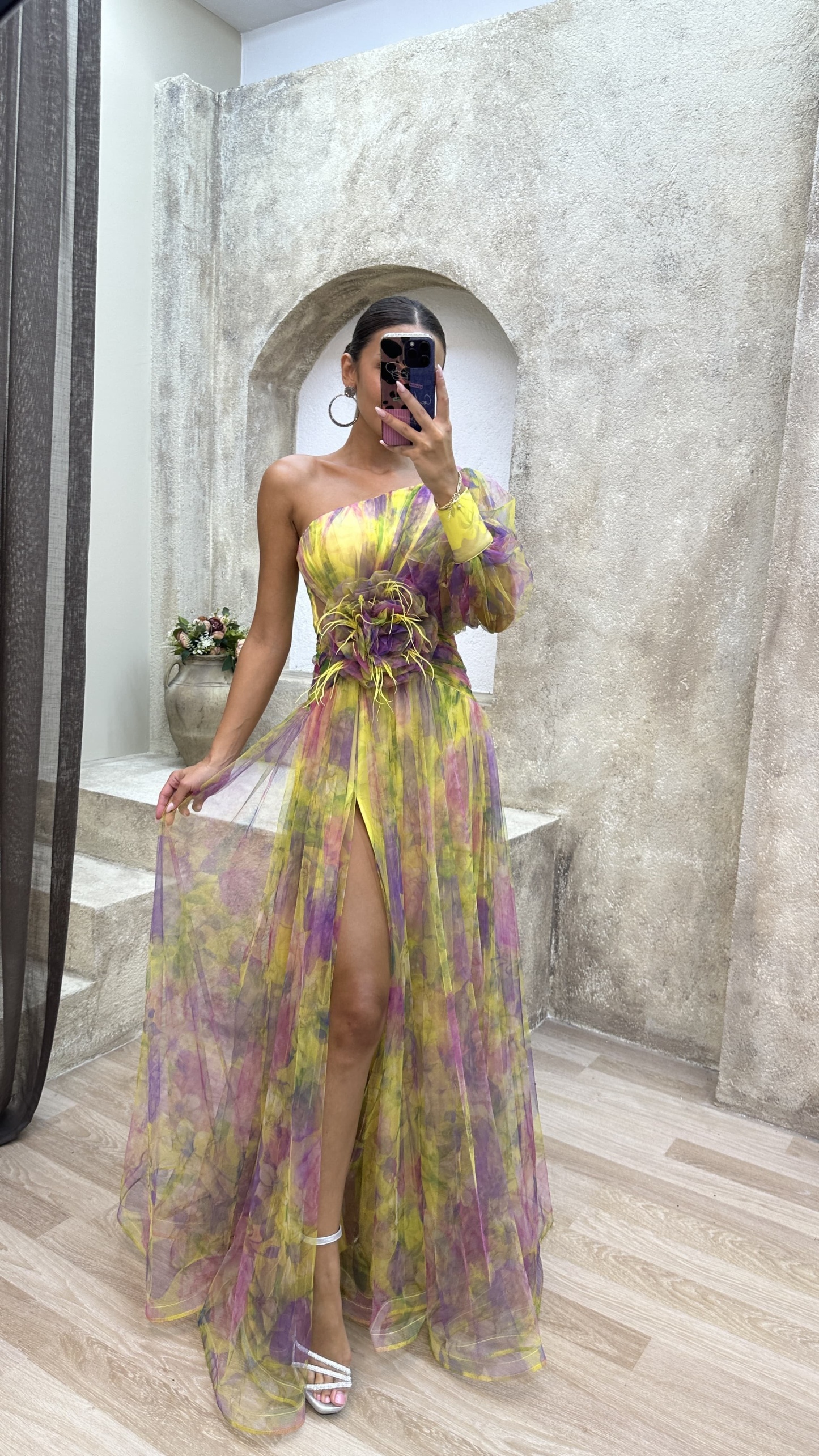 Floral one-shoulder flowy long-sleeved dress