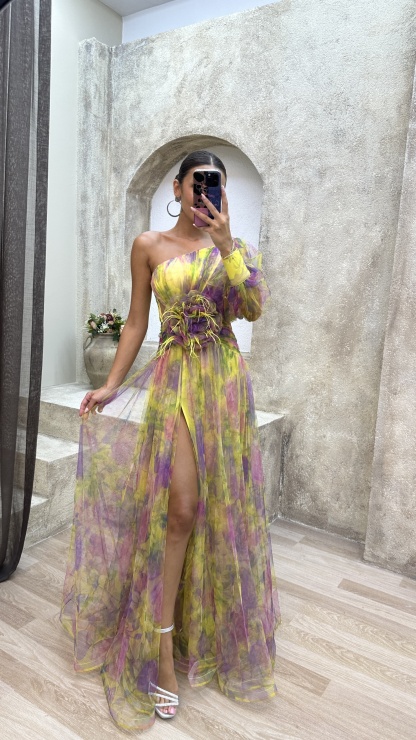Floral one-shoulder flowy long-sleeved dress