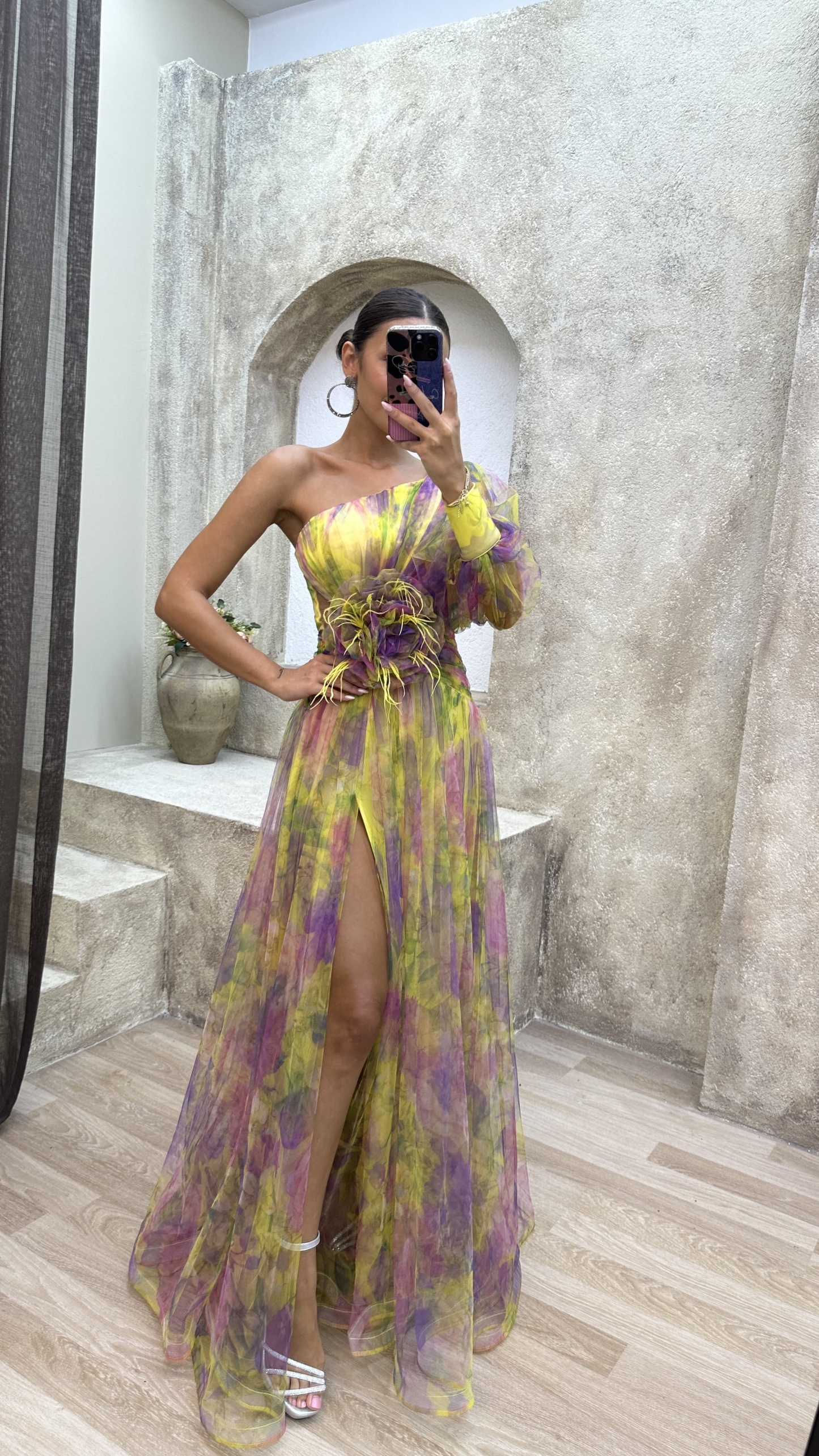 Floral one-shoulder flowy long-sleeved dress