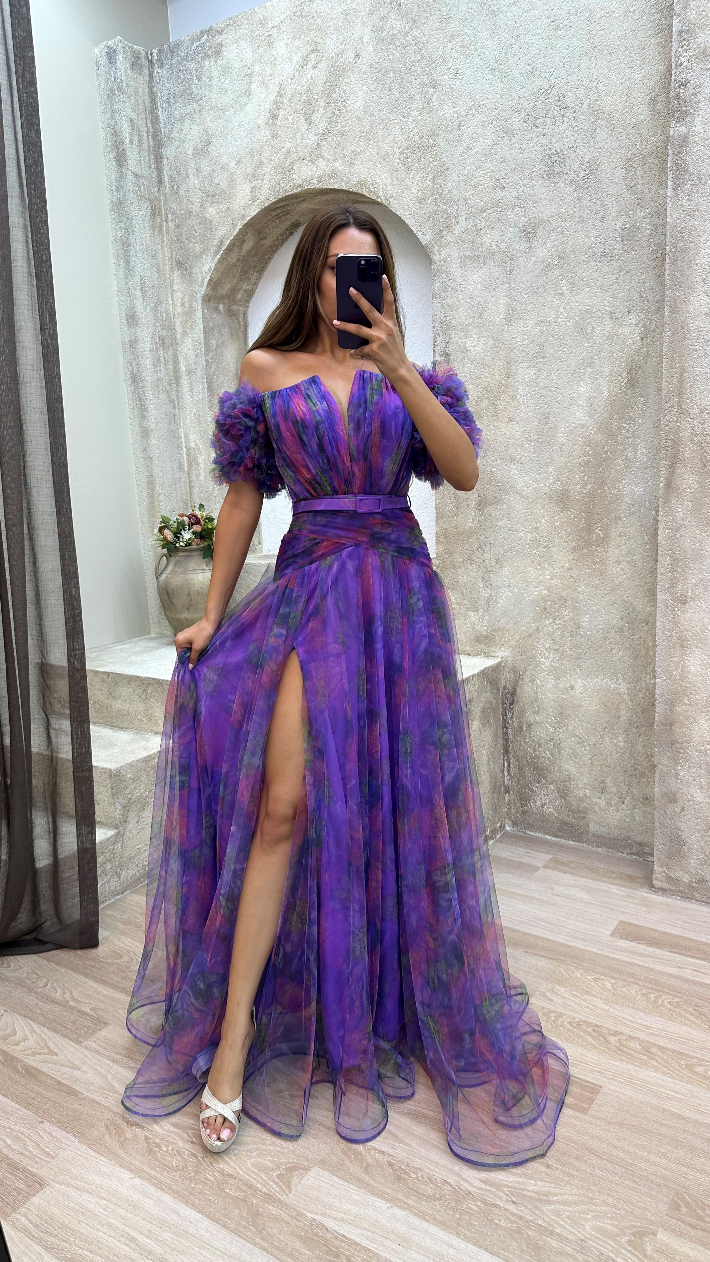 SLEEVE DETAIL BELTED DESIGN TULLE EVENING DRESS