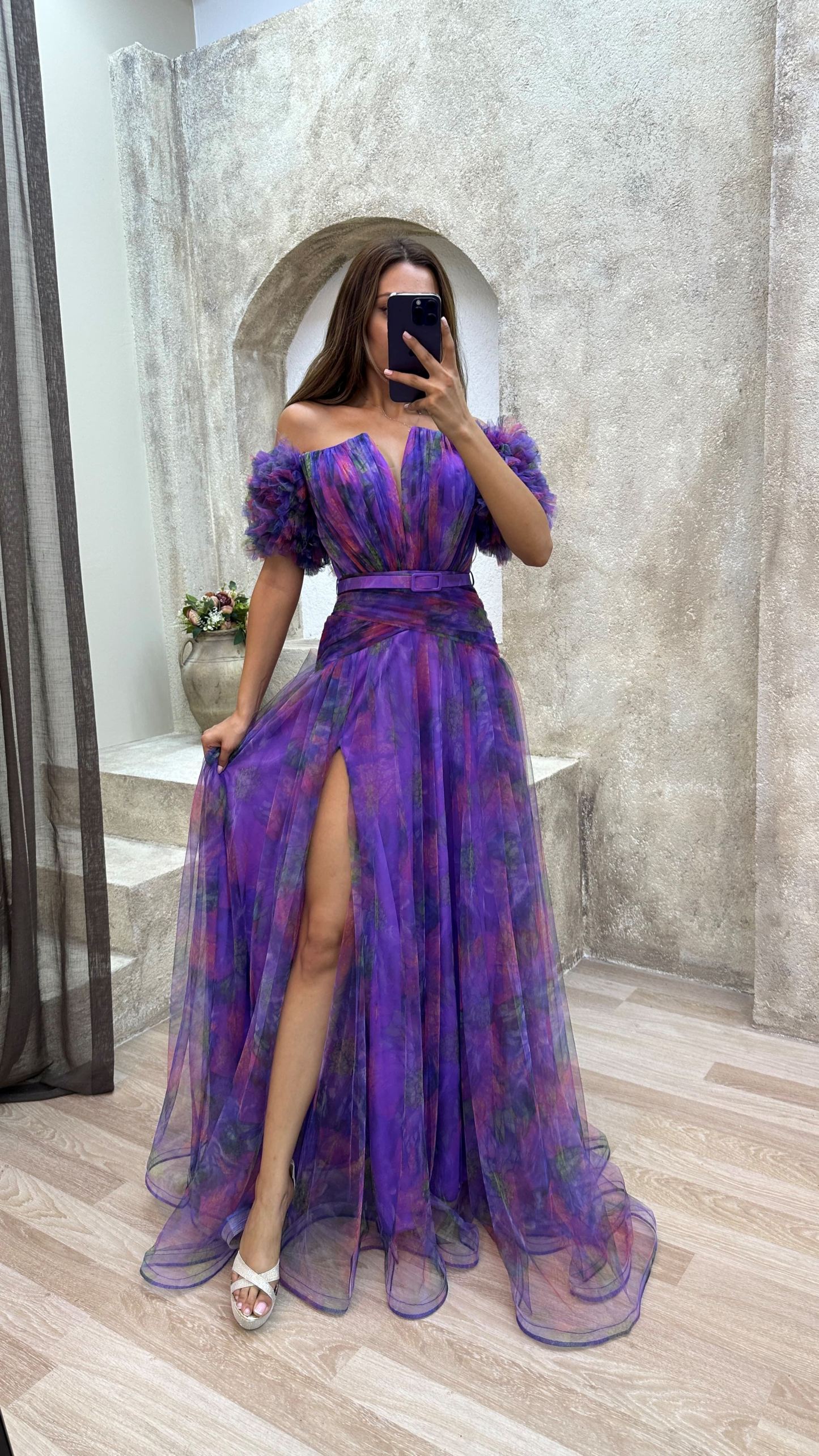 SLEEVE DETAIL BELTED DESIGN TULLE EVENING DRESS