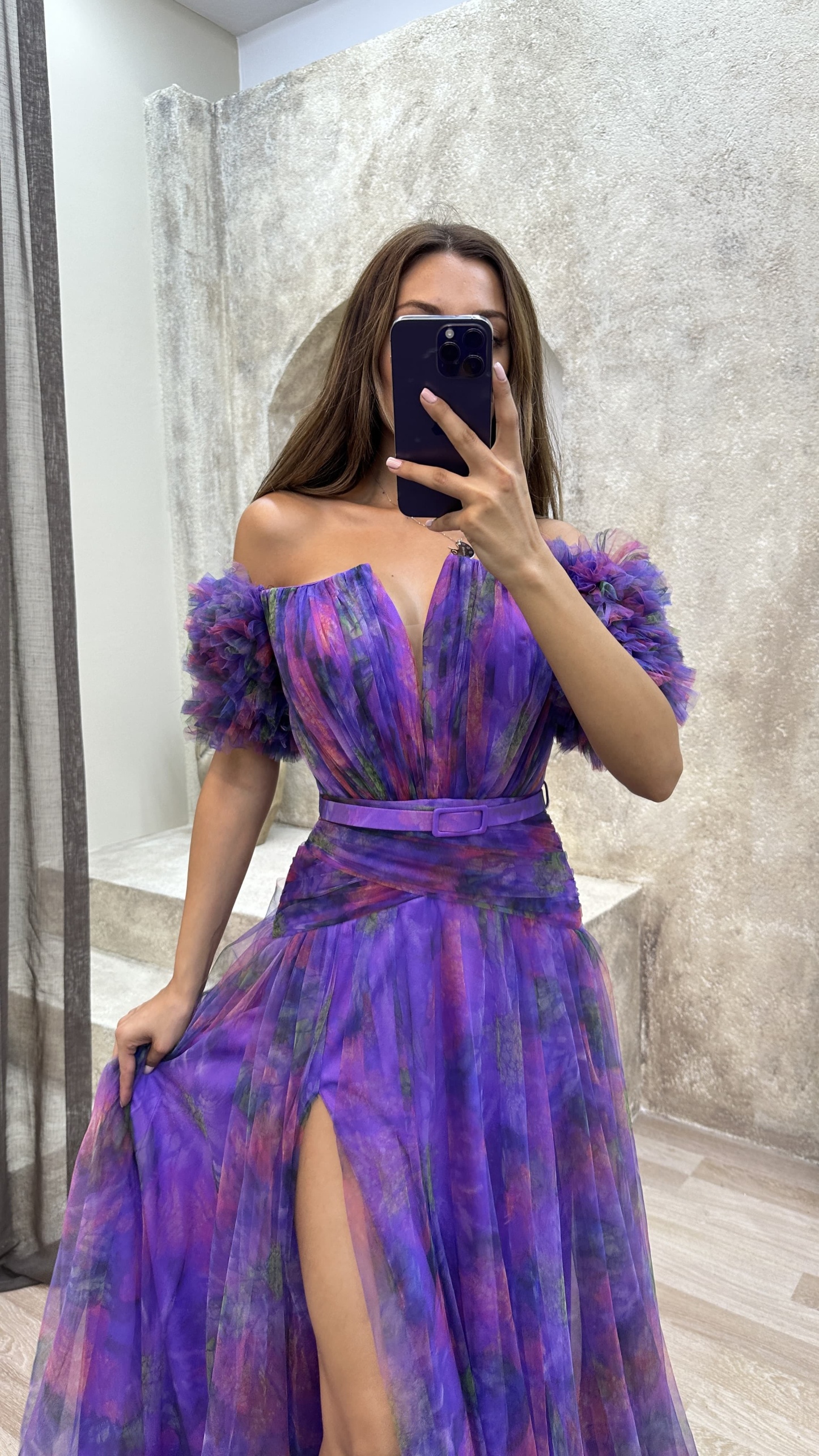 SLEEVE DETAIL BELTED DESIGN TULLE EVENING DRESS