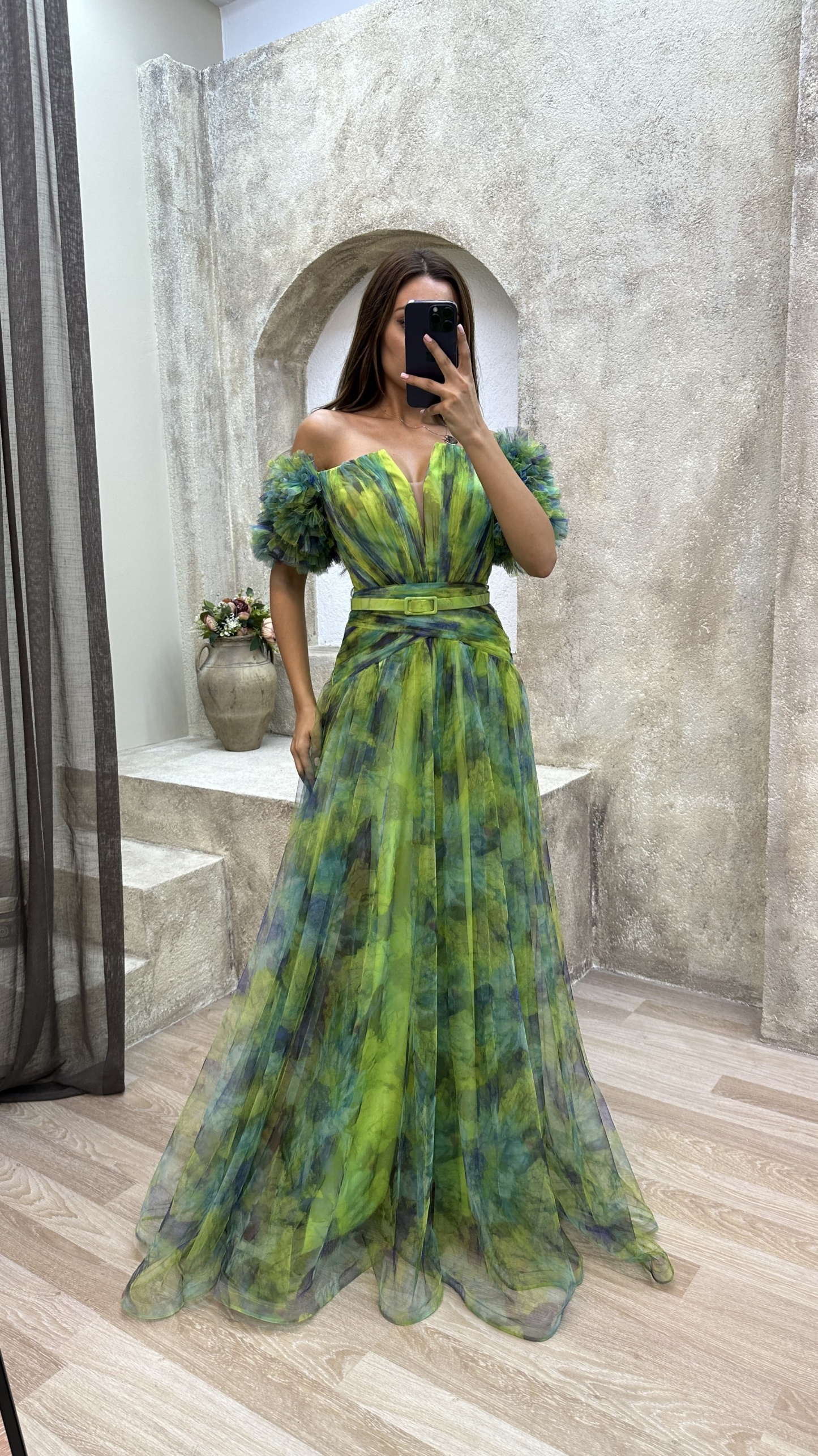 SLEEVE DETAIL BELTED DESIGN TULLE EVENING DRESS