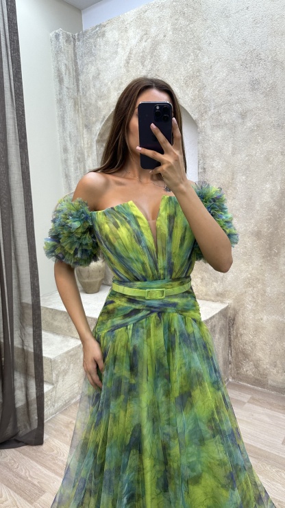 SLEEVE DETAIL BELTED DESIGN TULLE EVENING DRESS