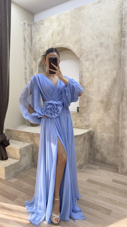 BACK DETAIL WAIST ROSE DESIGN CHIFFON EVENING DRESS