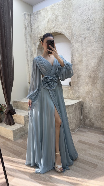 BACK DETAIL WAIST ROSE DESIGN CHIFFON EVENING DRESS