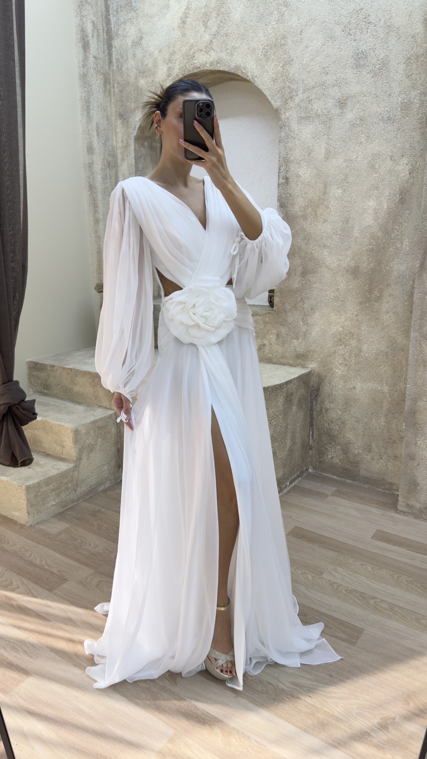 BACK DETAIL WAIST ROSE DESIGN CHIFFON EVENING DRESS