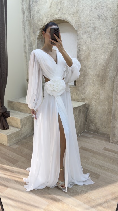 BACK DETAIL WAIST ROSE DESIGN CHIFFON EVENING DRESS