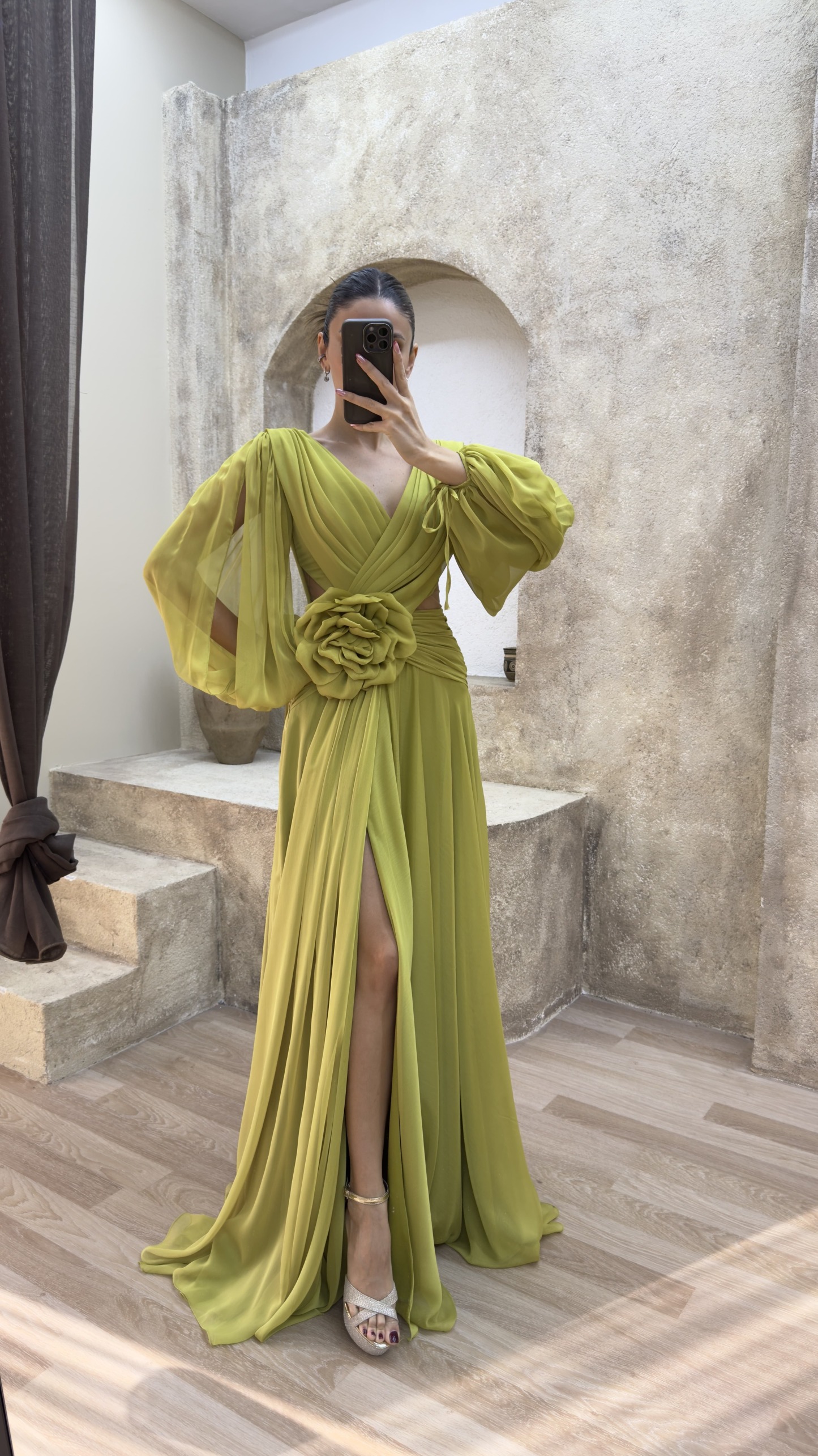 BACK DETAIL WAIST ROSE DESIGN CHIFFON EVENING DRESS