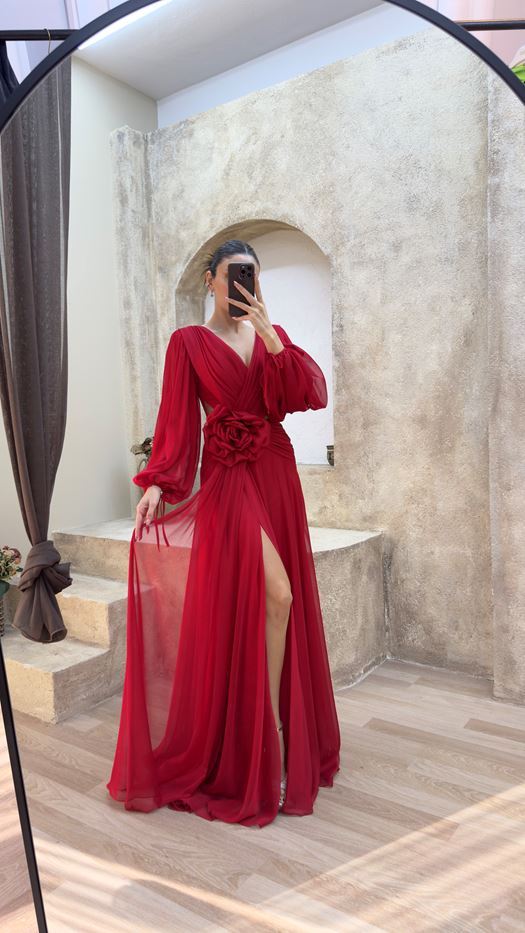 BACK DETAIL WAIST ROSE DESIGN CHIFFON EVENING DRESS