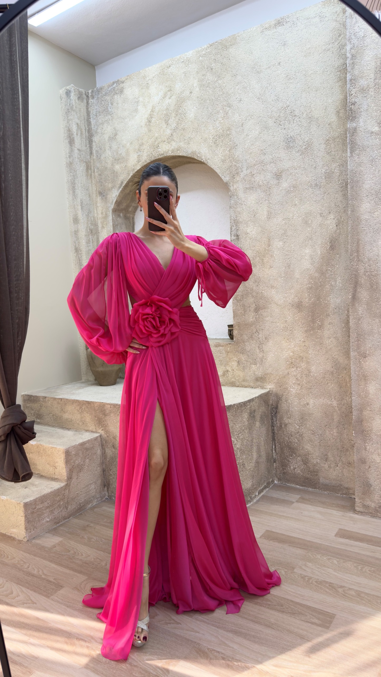 BACK DETAIL WAIST ROSE DESIGN CHIFFON EVENING DRESS