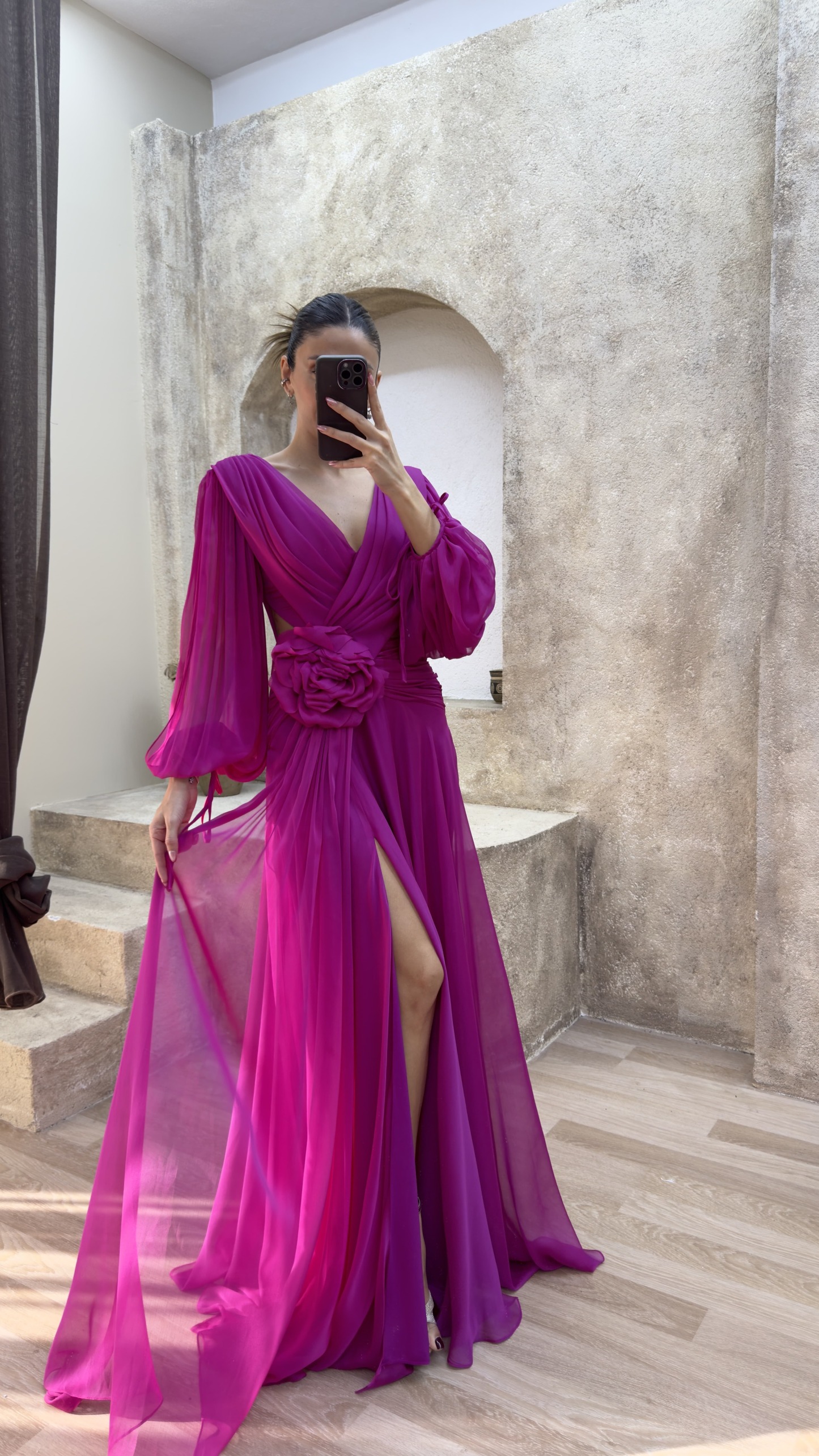 BACK DETAIL WAIST ROSE DESIGN CHIFFON EVENING DRESS