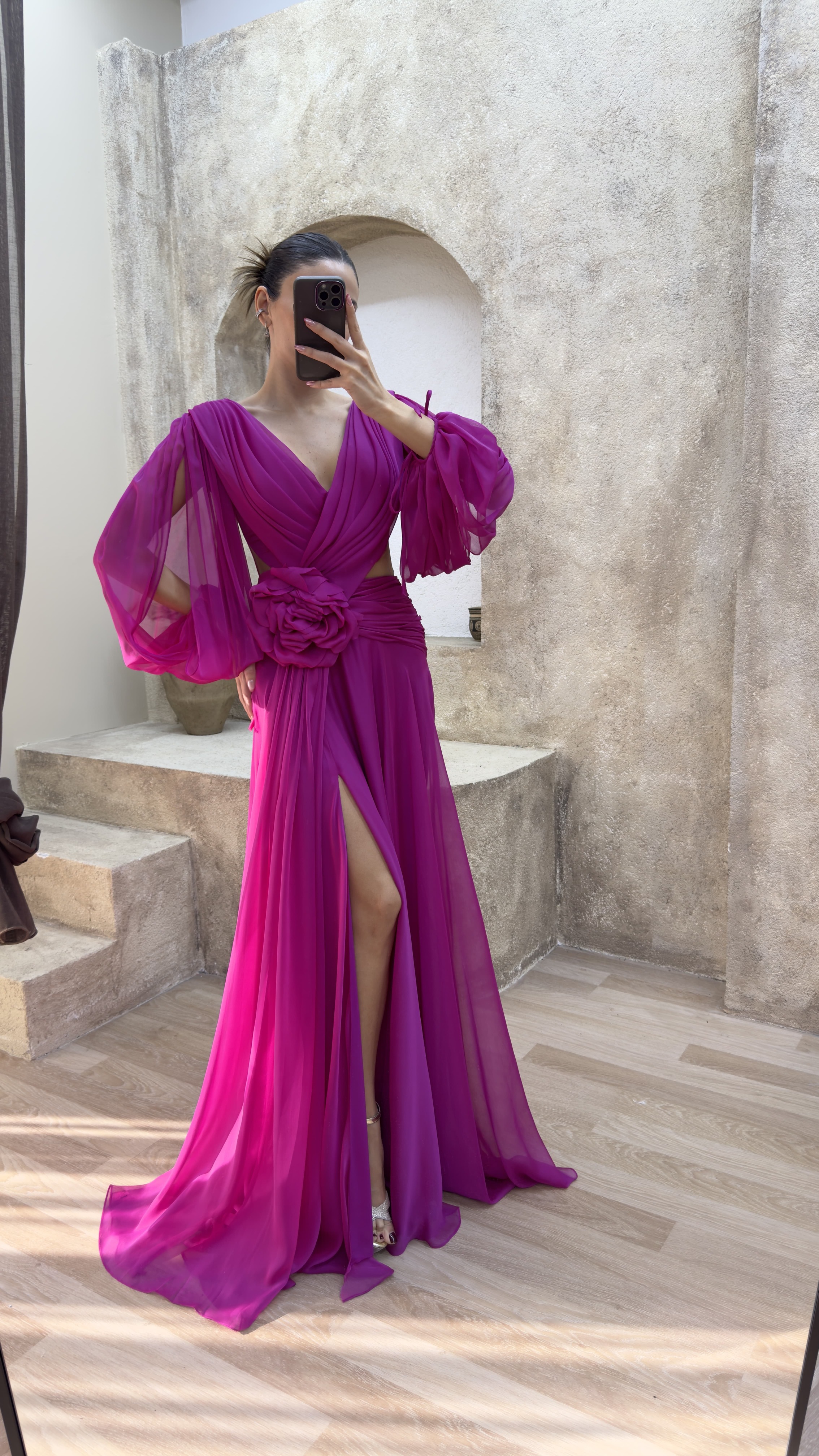 BACK DETAIL WAIST ROSE DESIGN CHIFFON EVENING DRESS