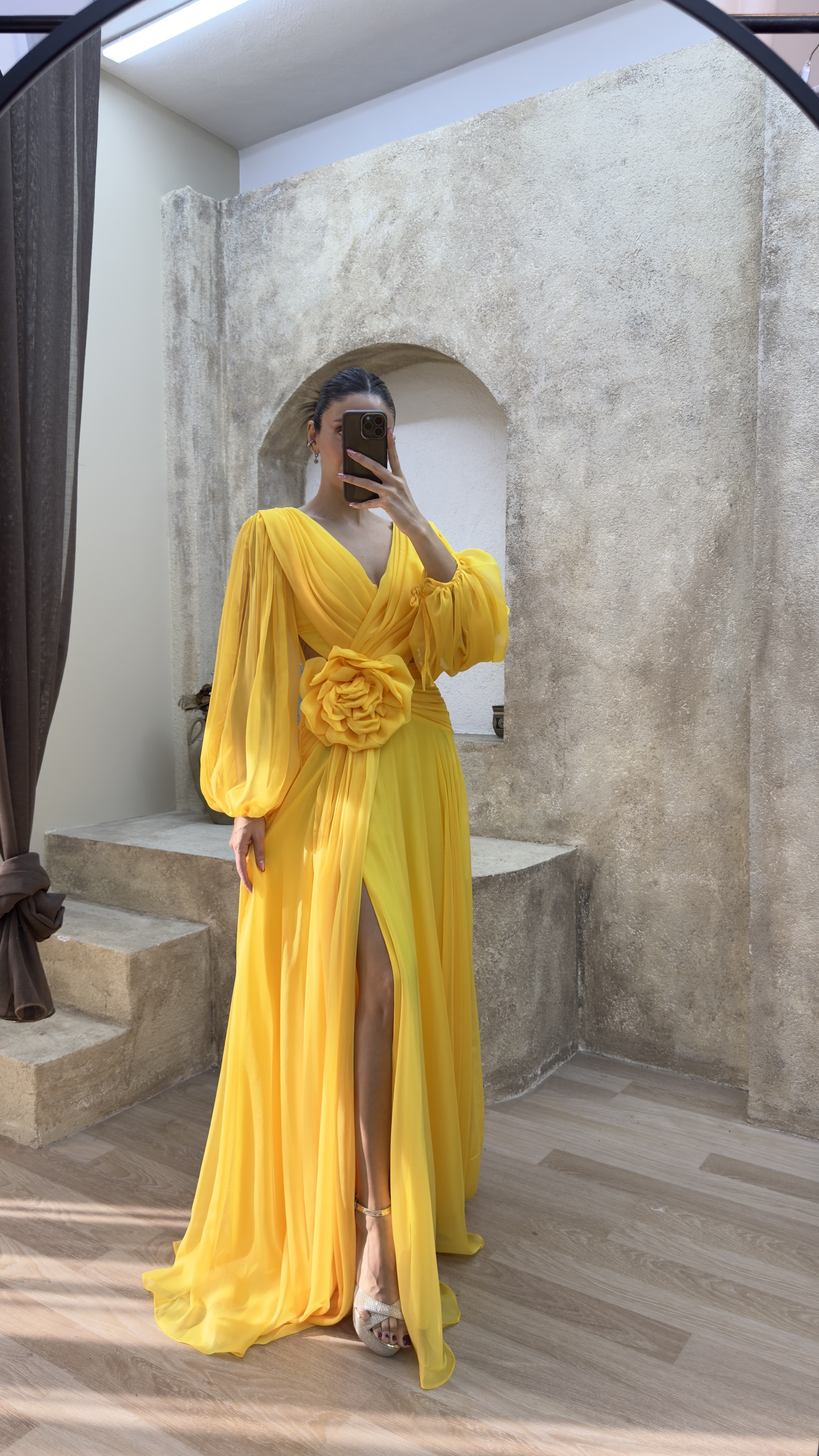 BACK DETAIL WAIST ROSE DESIGN CHIFFON EVENING DRESS