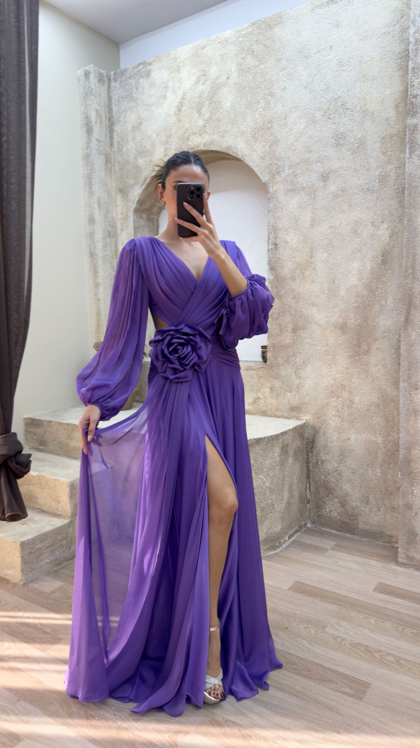 BACK DETAIL WAIST ROSE DESIGN CHIFFON EVENING DRESS