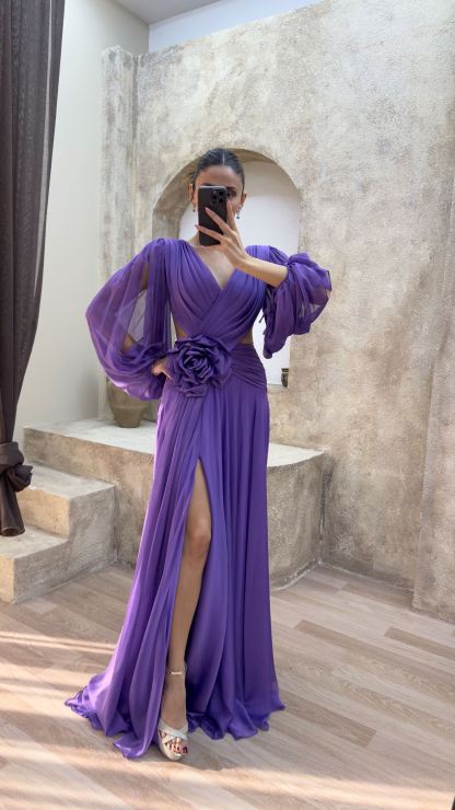 BACK DETAIL WAIST ROSE DESIGN CHIFFON EVENING DRESS